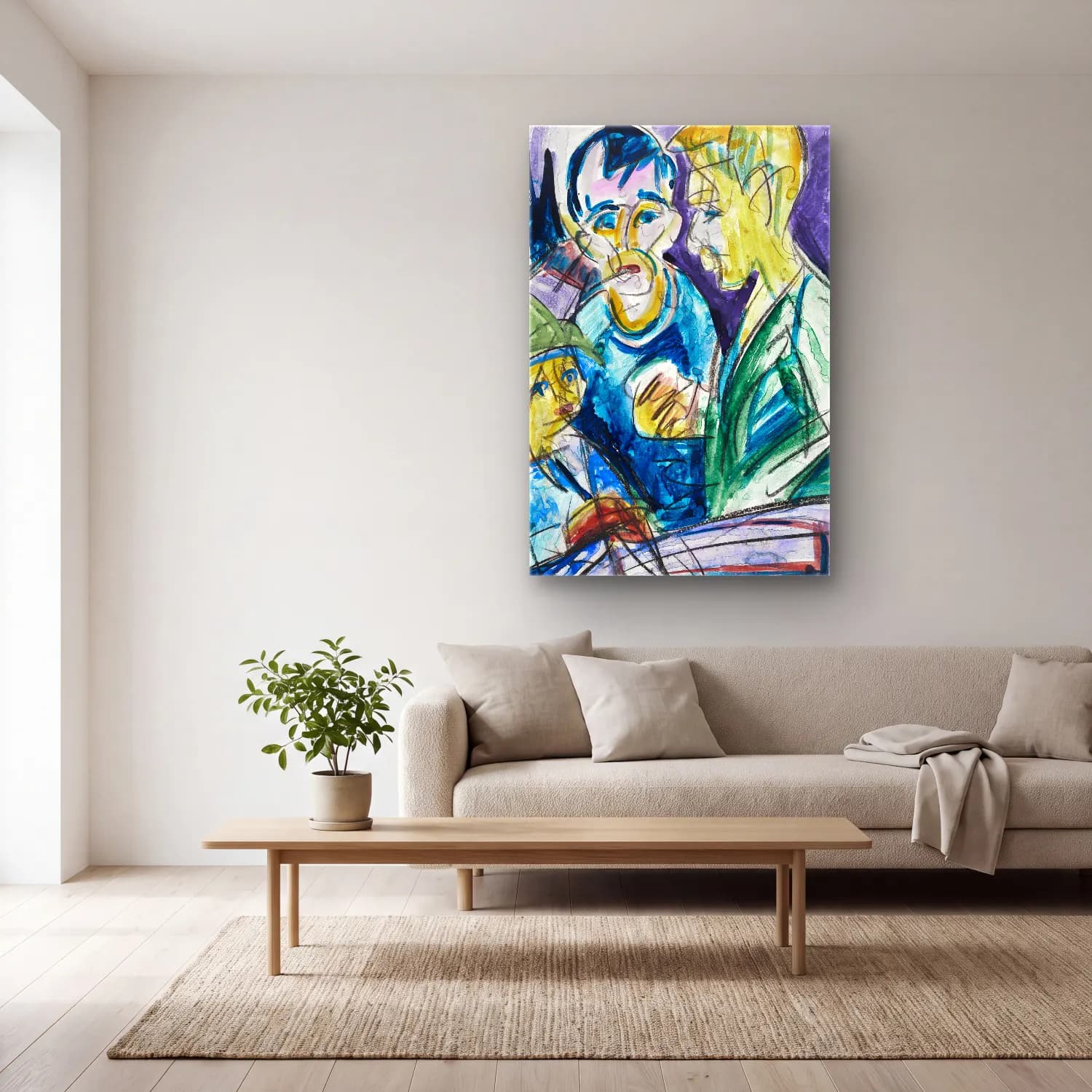 Ernst Ludwig Kirchner – Zwei Bauern und Junge am Brunnen – Pastel Tonlar cam tablo — açık renk salonda