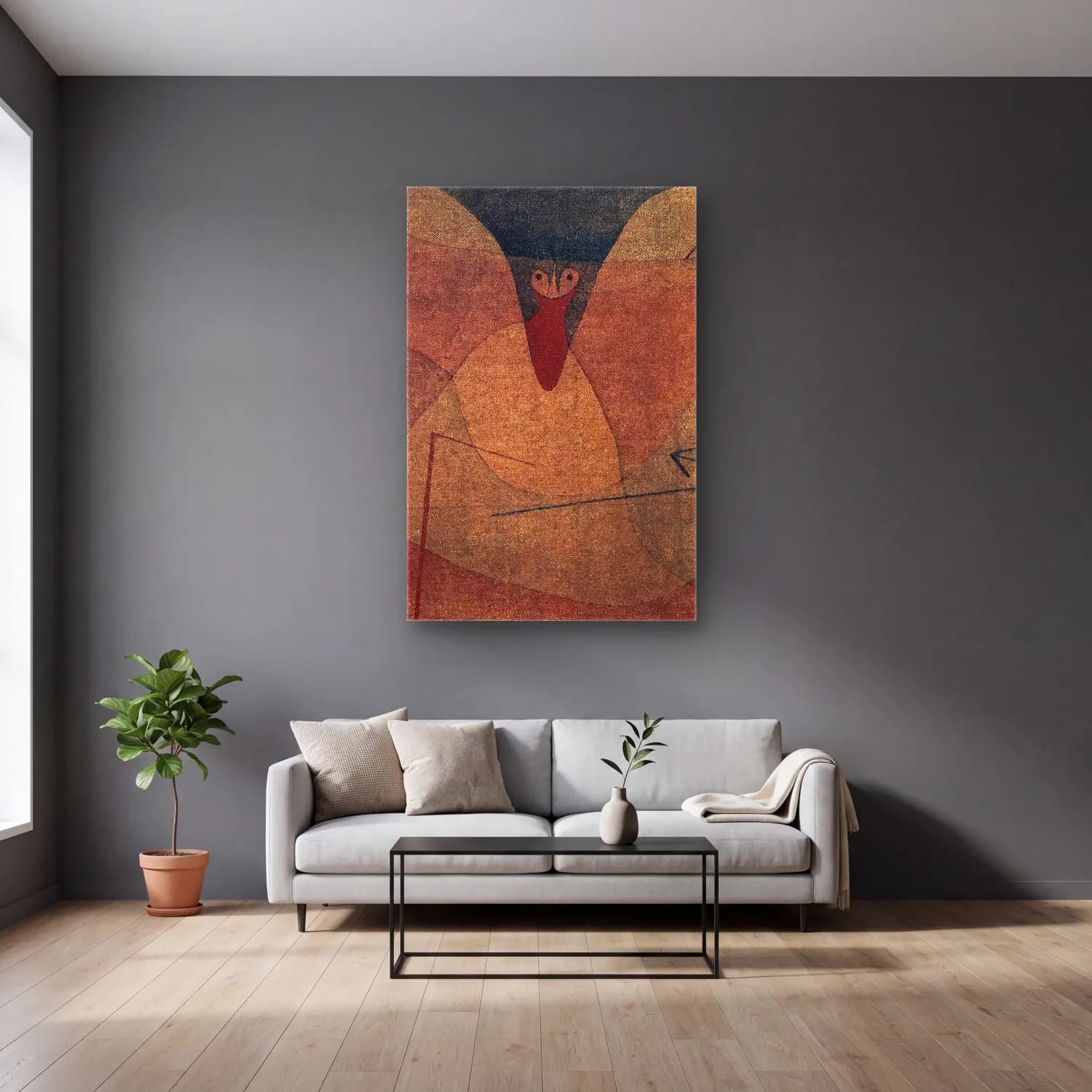 Paul Klee – Aviatic Evolution cam tablo — gri duvarlı salonda
