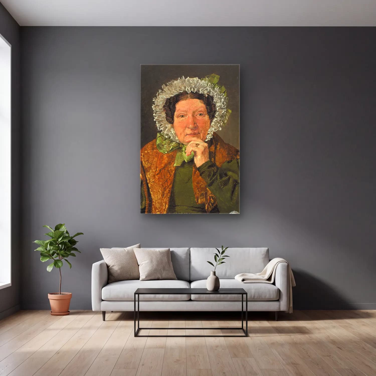 Christen Købke – Portrait of the Artist´s Mother, Cecilia Margrethe Købke,… cam tablo — gri duvarlı salonda