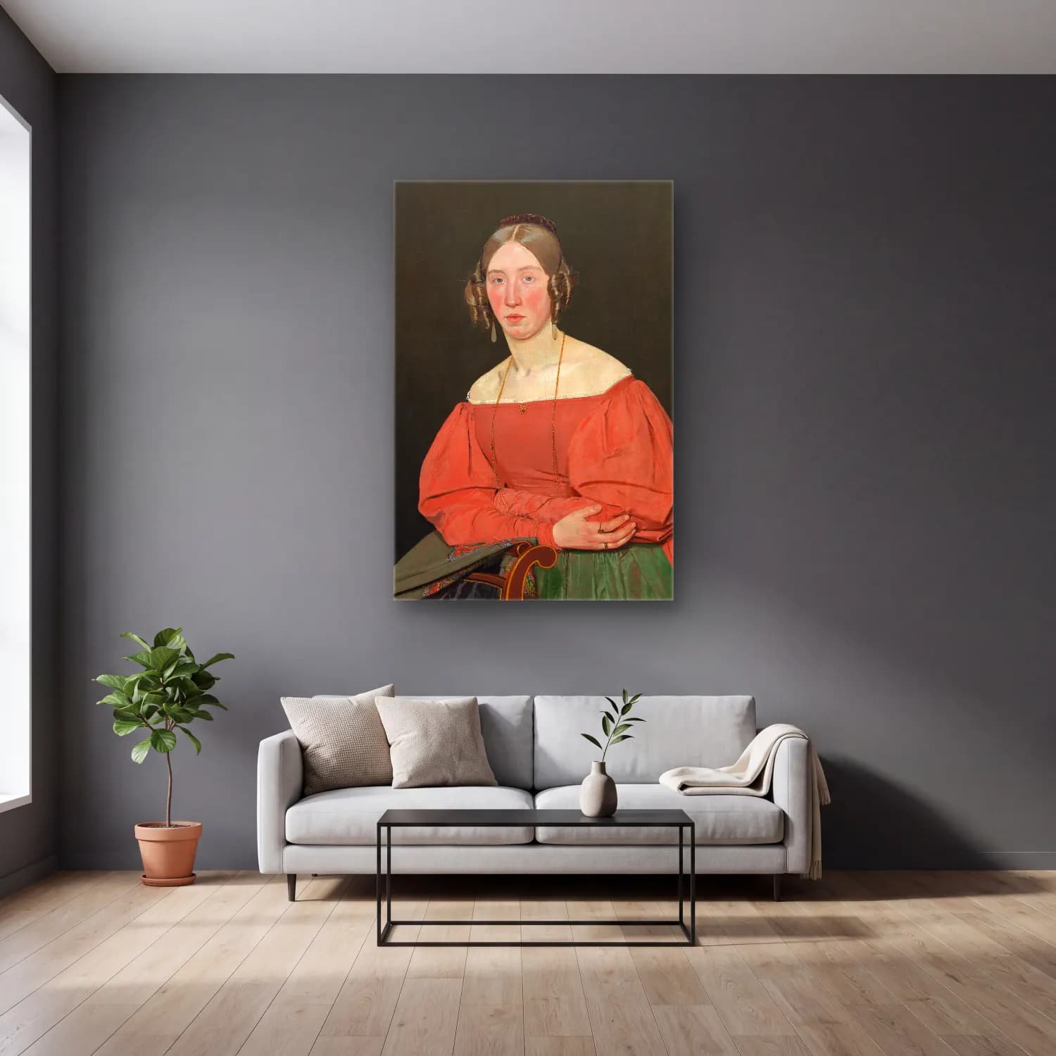 Christen Købke – Portrait of the Artist´s Sister, Cecilie Margrethe… cam tablo — gri duvarlı salonda
