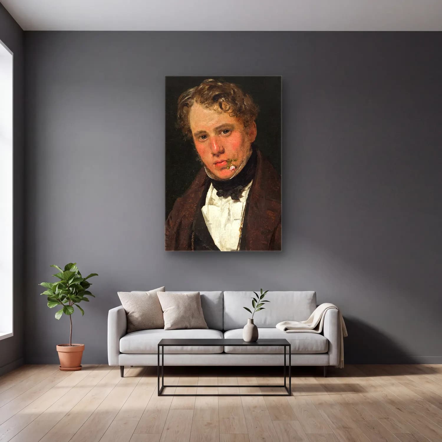 Christen Købke – Portrait of the Painter Wilhelm Marstrand cam tablo — gri duvarlı salonda