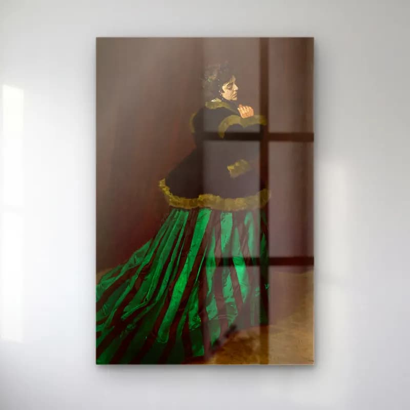 Claude Monet – Camille (The Woman in the Green Dress) cam tablo — Claude Monet – Camille (The Woman in the Green Dress) — yağlı boya elbiseli kadın
