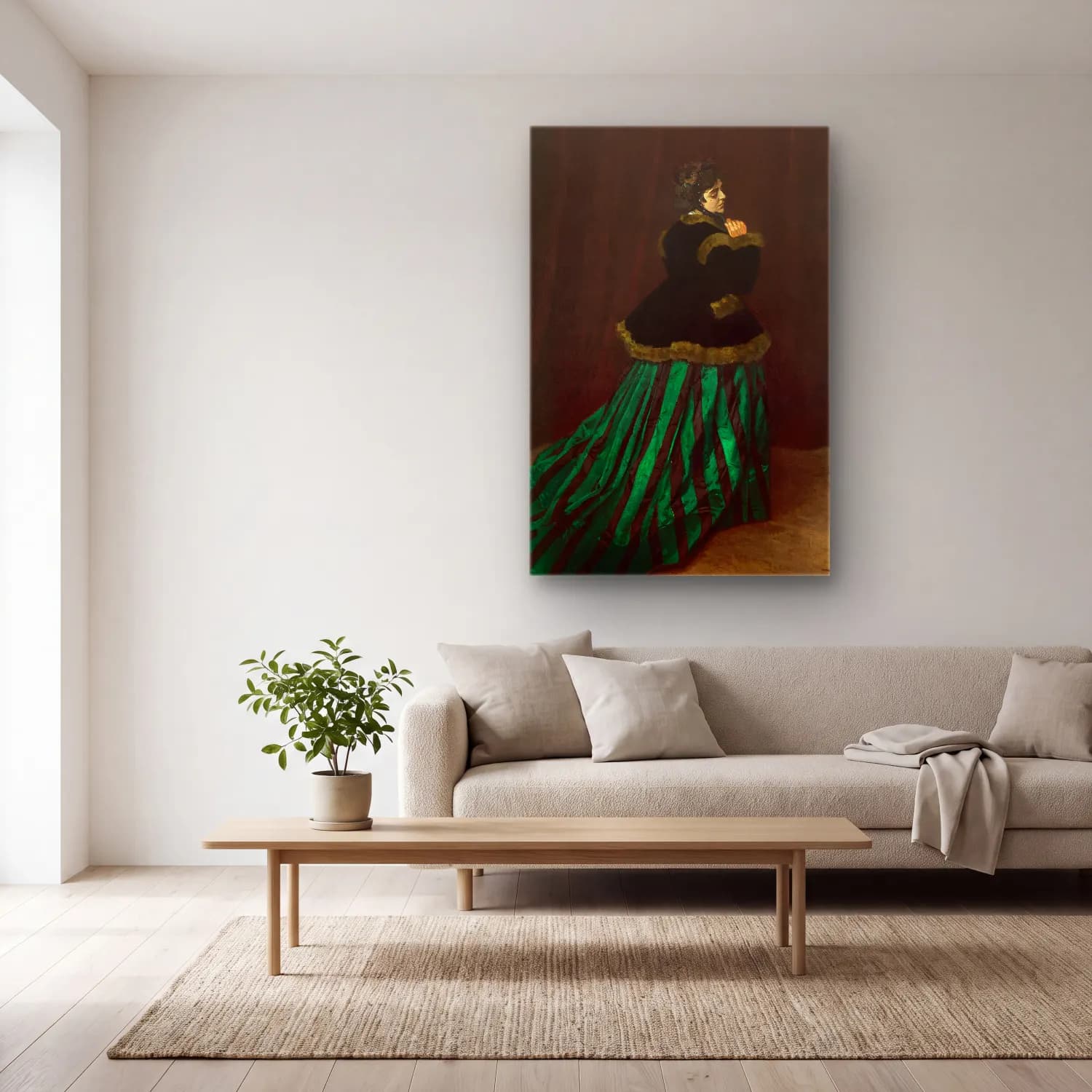 Claude Monet – Camille (The Woman in the Green Dress) cam tablo — açık renk salonda