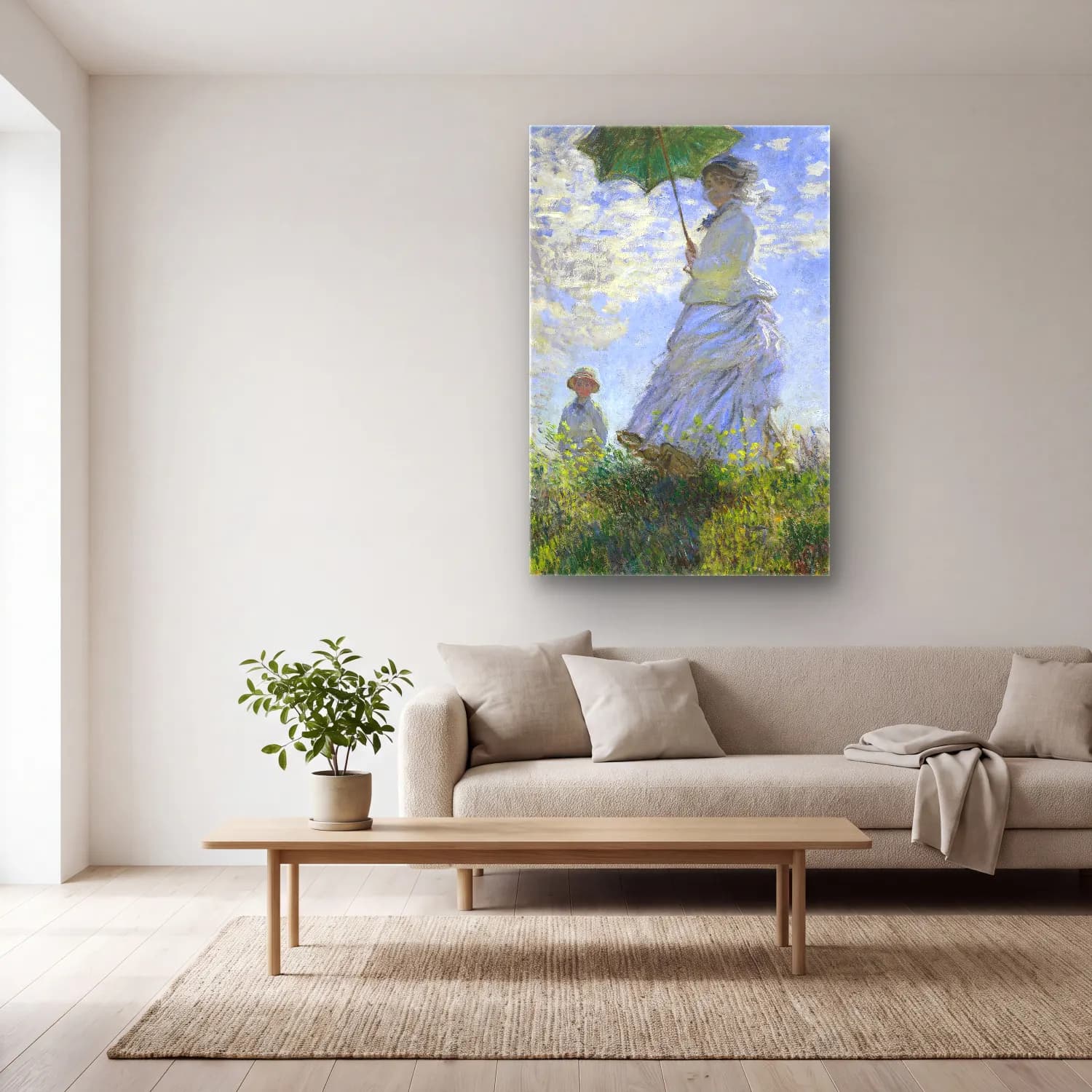 Claude Monet – Woman with a Parasol – Madame Monet and Her Son cam tablo — açık renk salonda