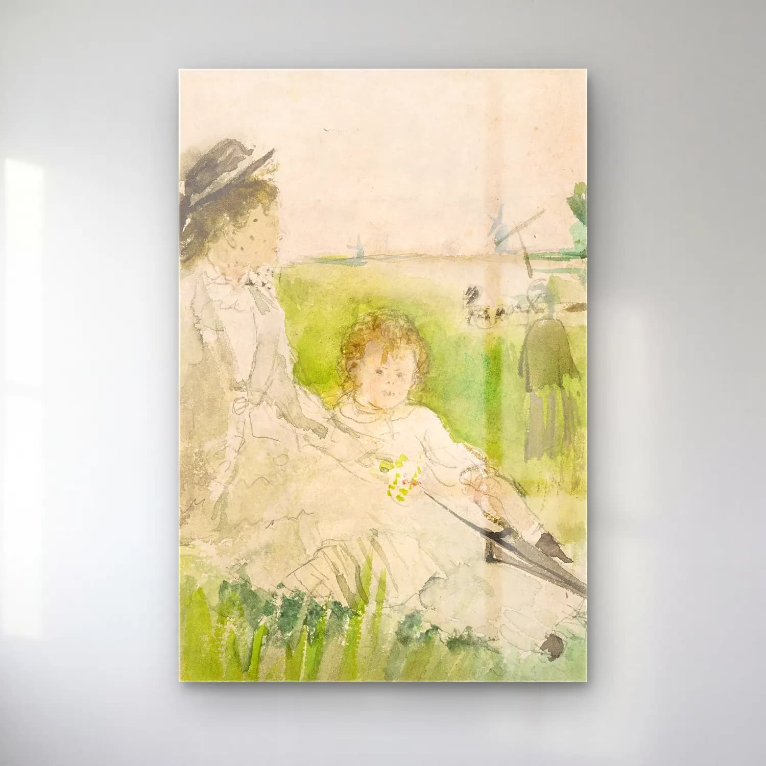 Berthe Morisot – A Woman and Child Seated on the Grass cam tablo — Berthe Morisot – A Woman and Child Seated on the Grass — suluboya anne ve çocuk