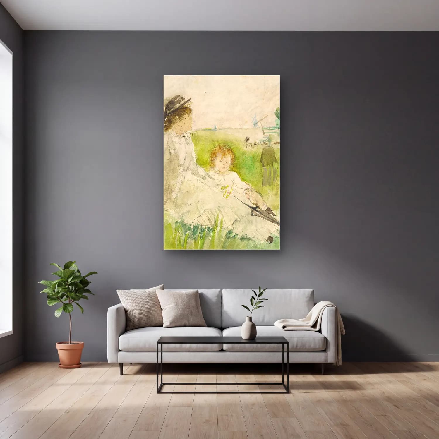 Berthe Morisot – A Woman and Child Seated on the Grass cam tablo — gri duvarlı salonda