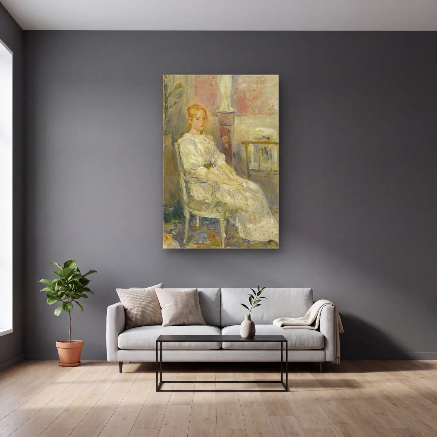 Berthe Morisot – Alice Gamby dans le salon cam tablo — gri duvarlı salonda