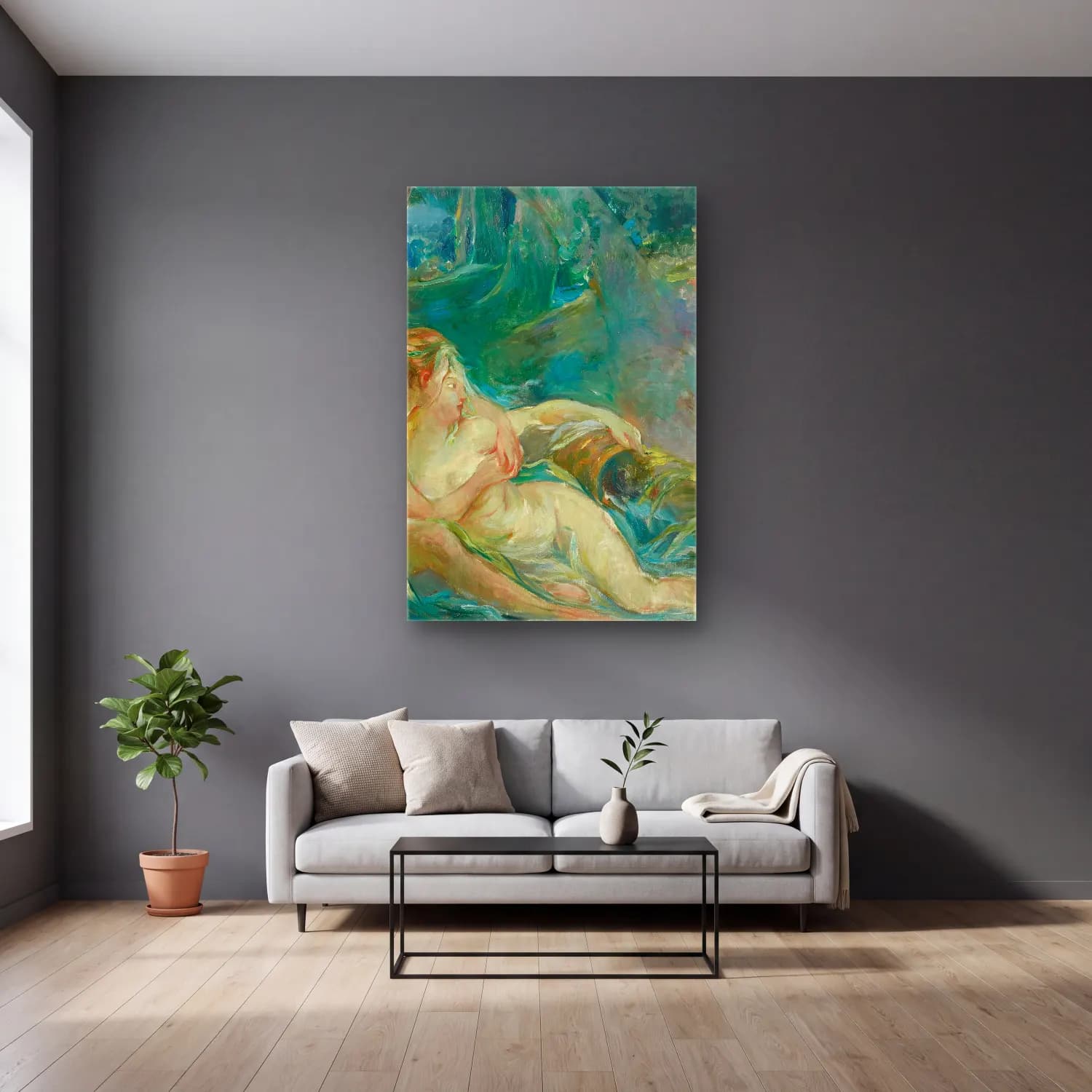 Berthe Morisot – Apollon Révélant sa Divinité à la Bergère Issé (after… cam tablo — gri duvarlı salonda