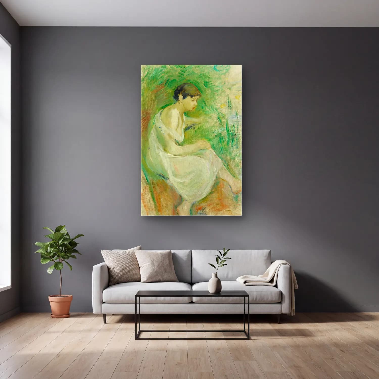 Berthe Morisot – Baigneuse En Chemise cam tablo — gri duvarlı salonda