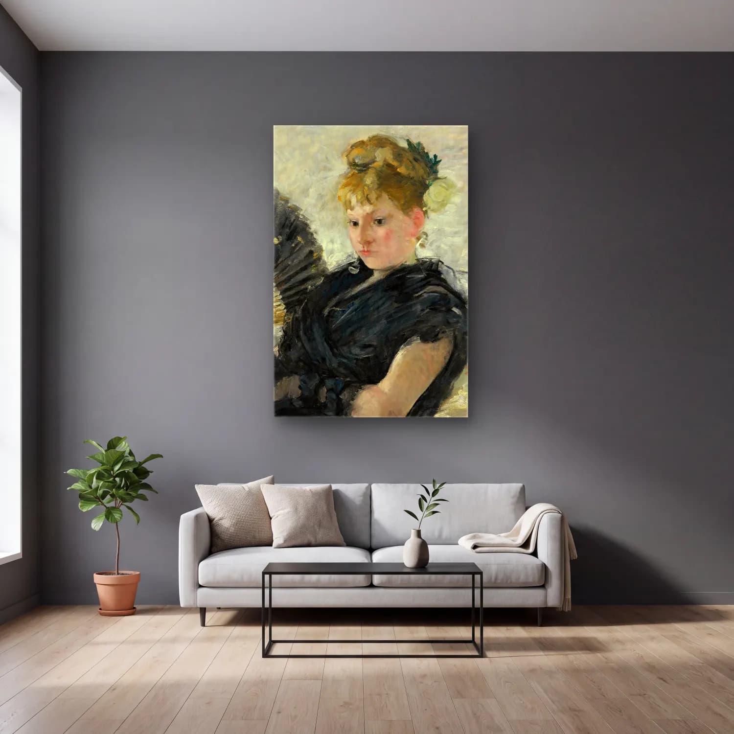 Berthe Morisot – Femme À L’éventail cam tablo — gri duvarlı salonda