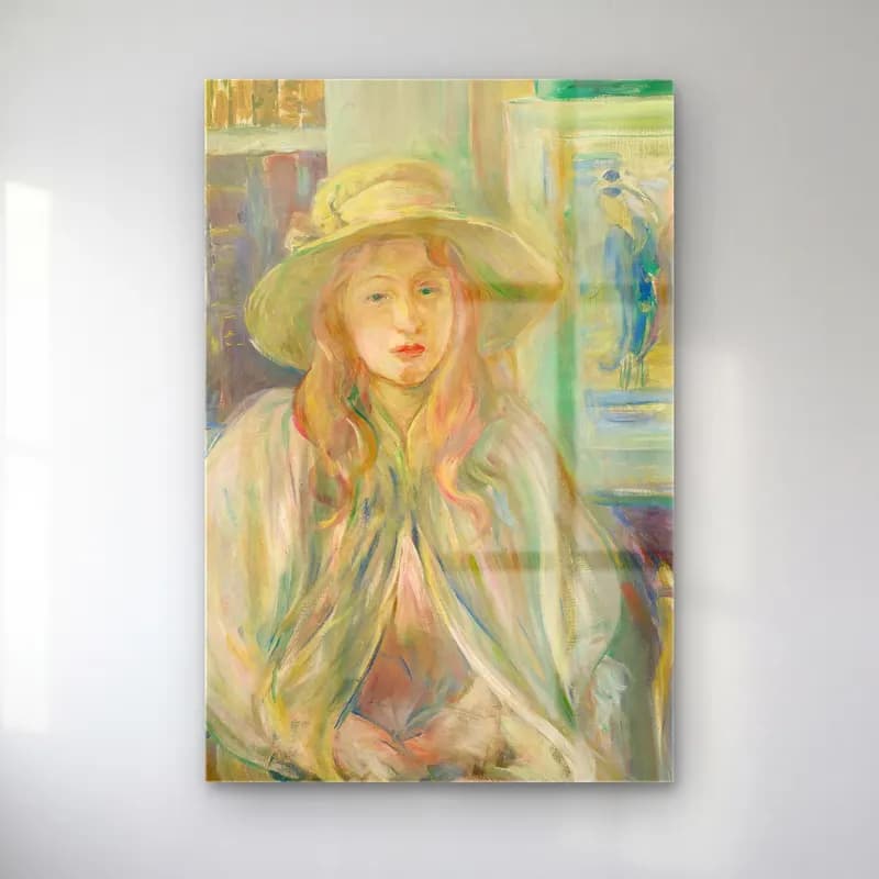 Berthe Morisot – Fillette Au Chapeau De Paille cam tablo — Berthe Morisot – Fillette Au Chapeau De Paille — empresyonist şapkalı kadın