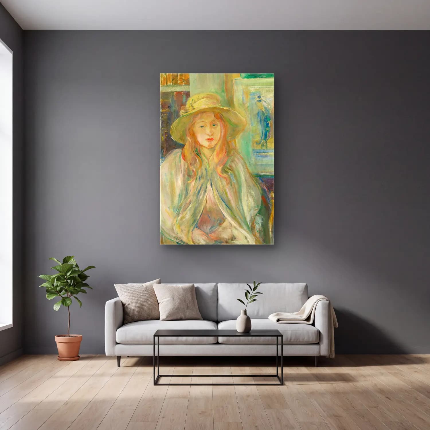 Berthe Morisot – Fillette Au Chapeau De Paille cam tablo — gri duvarlı salonda