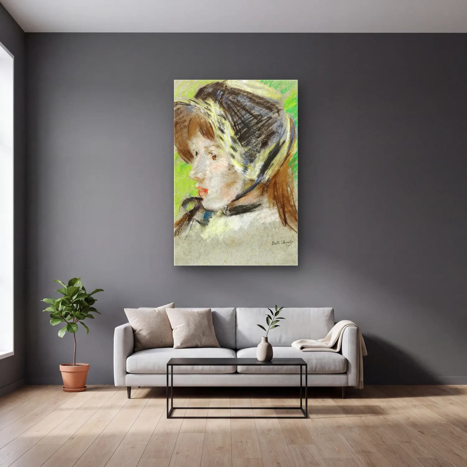 Berthe Morisot – Jeanne Pontillon À La Capeline cam tablo — gri duvarlı salonda