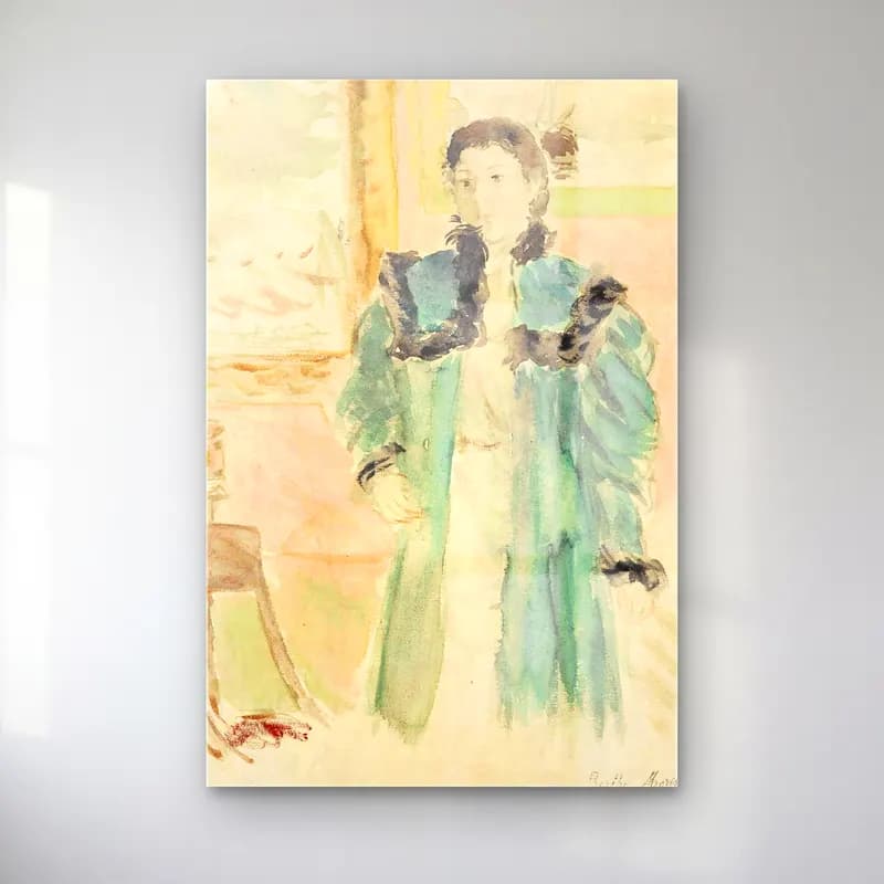 Berthe Morisot – Jeune Fille Au Manteau Vert (Marthe) cam tablo — Berthe Morisot – Jeune Fille Au Manteau Vert (Marthe) — suluboya elbiseli kadın