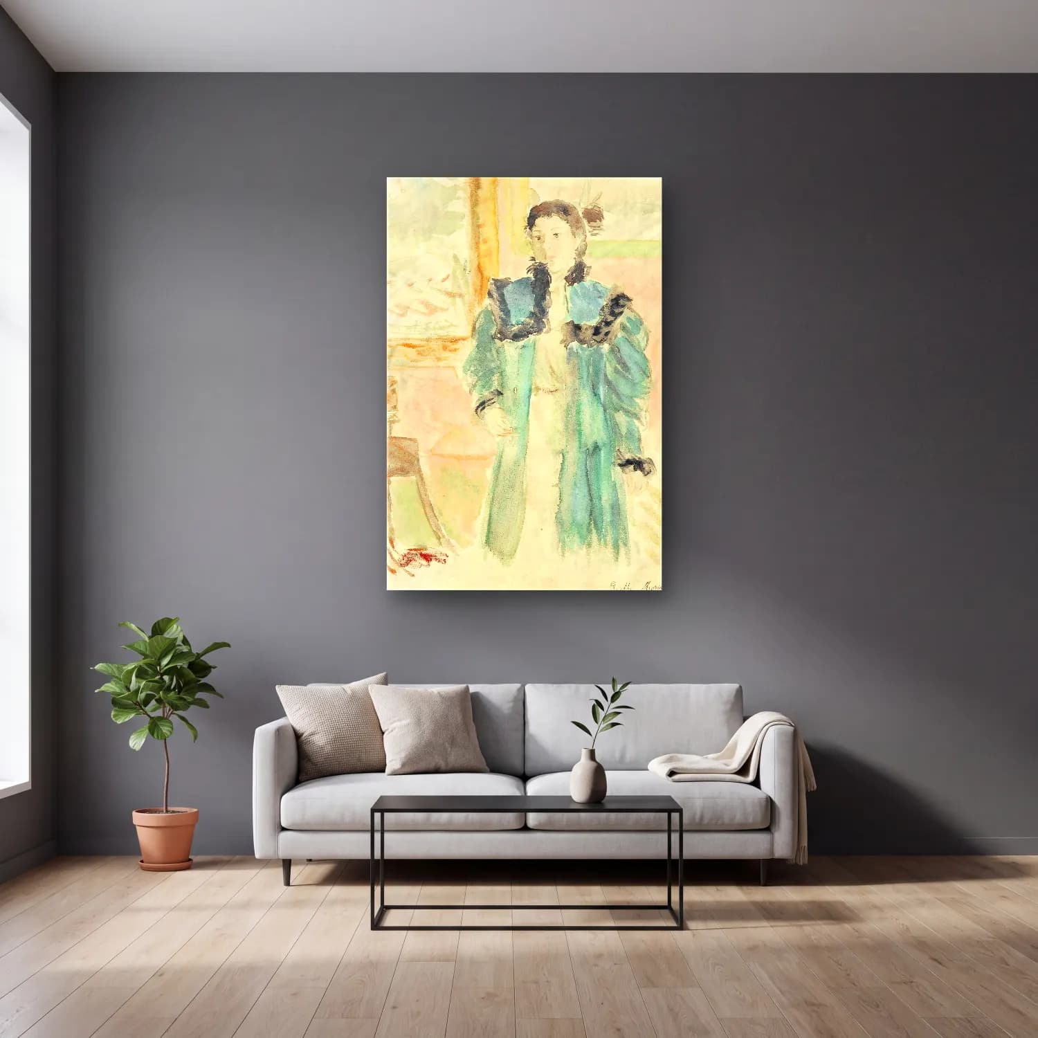 Berthe Morisot – Jeune Fille Au Manteau Vert (Marthe) cam tablo — gri duvarlı salonda