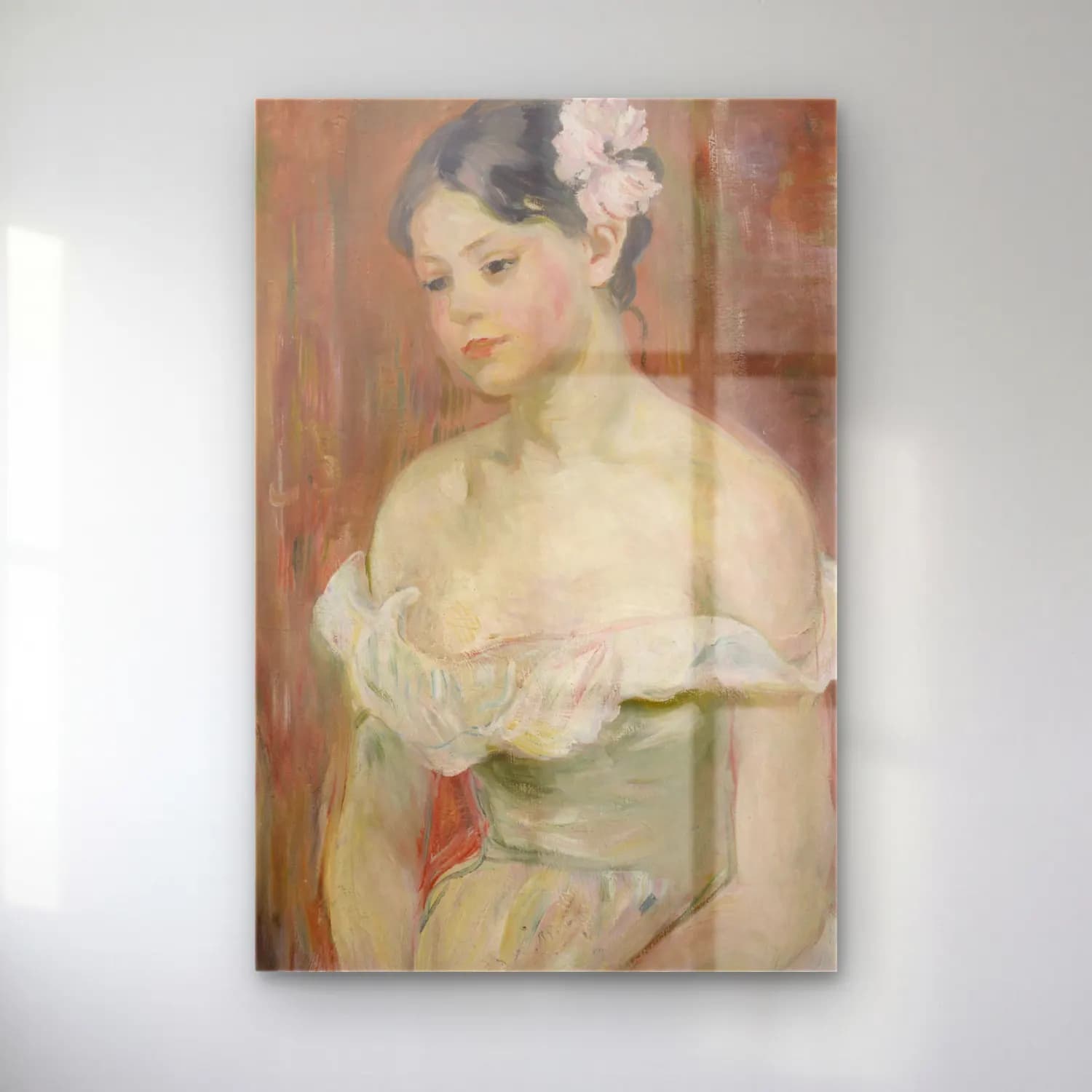 Berthe Morisot – Jeune fille au décolleté, la fleur aux cheveux cam tablo — Berthe Morisot – Jeune fille au décolleté, la fleur aux cheveux — empresyonist kadın portresi