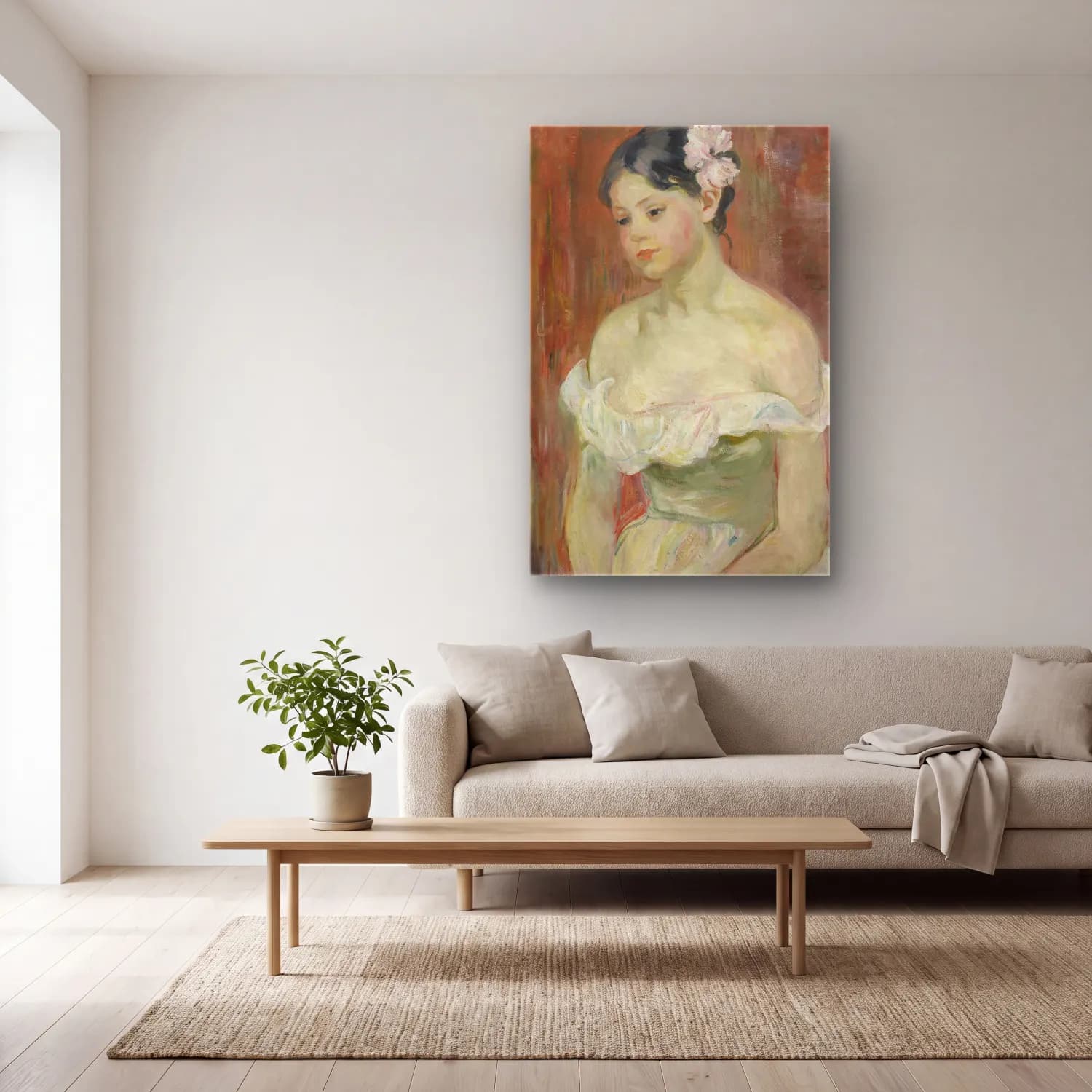 Berthe Morisot – Jeune fille au décolleté, la fleur aux cheveux cam tablo — açık renk salonda