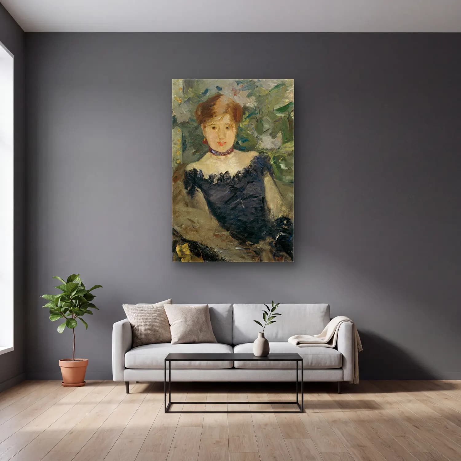 Berthe Morisot – Le Corsage Noir cam tablo — gri duvarlı salonda