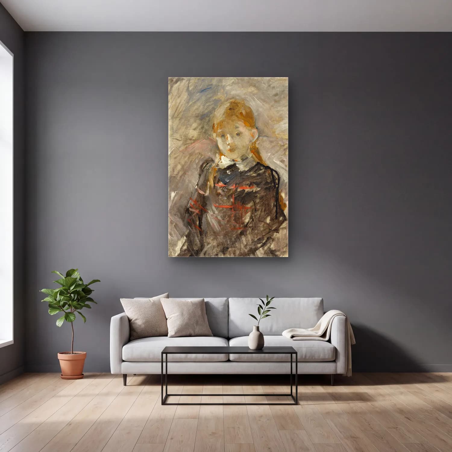 Berthe Morisot – Petite fille aux cheveux blonds cam tablo — gri duvarlı salonda
