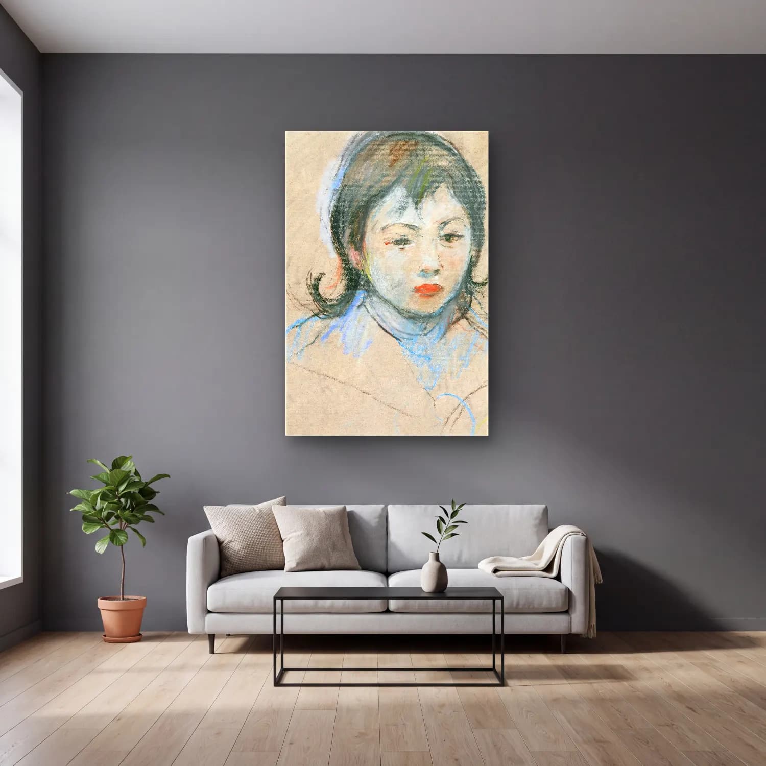 Berthe Morisot – Portrait D’enfant (Charly Thomas) cam tablo — gri duvarlı salonda