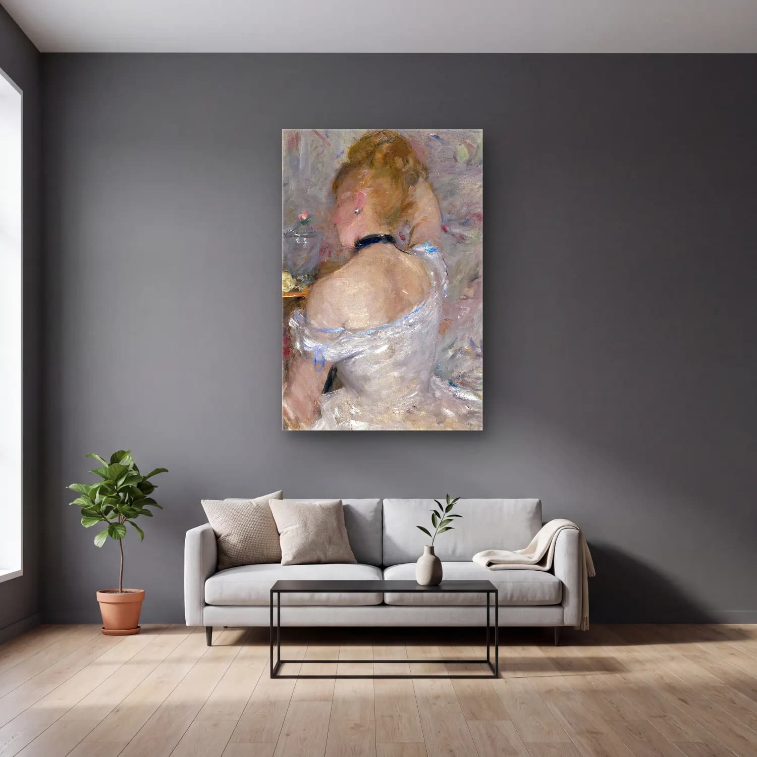 Berthe Morisot – Woman at Her Toilette cam tablo — gri duvarlı salonda