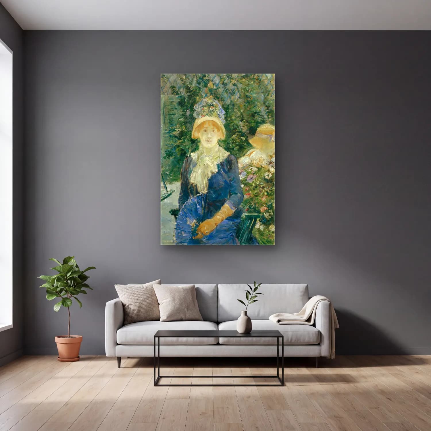 Berthe Morisot – Woman in a Garden cam tablo — gri duvarlı salonda
