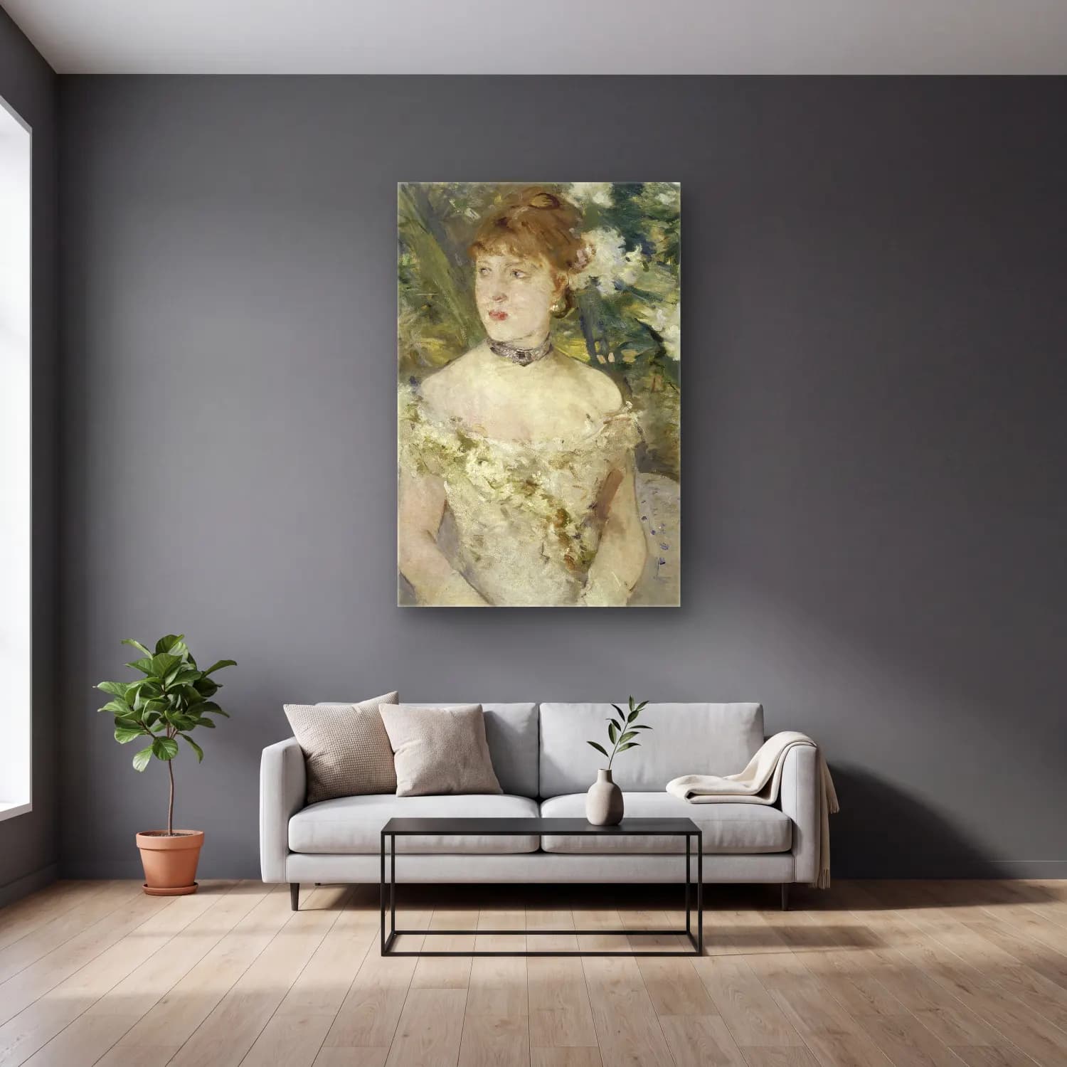 Berthe Morisot – Young Girl in a Ball Gown cam tablo — gri duvarlı salonda