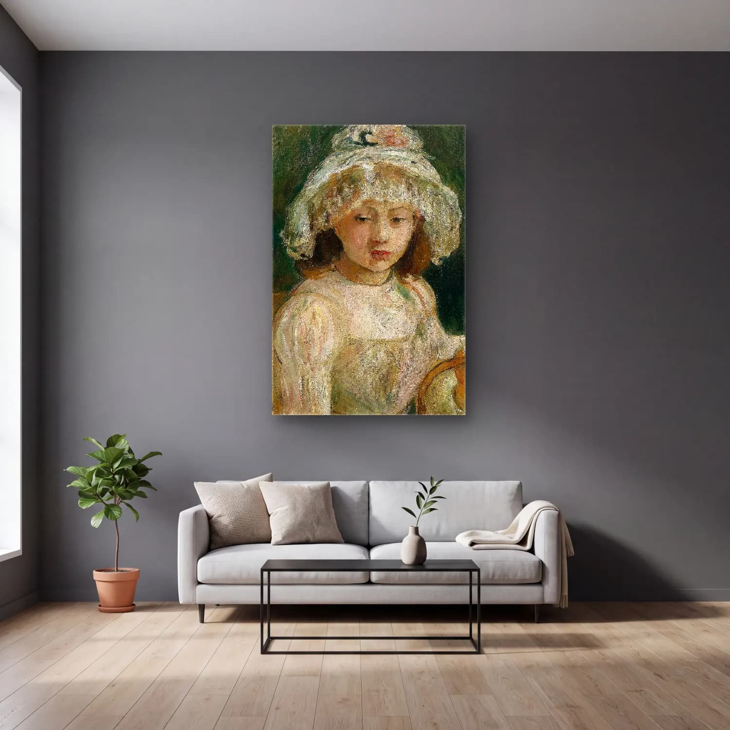 Berthe Morisot – Young Girl with Hat cam tablo — gri duvarlı salonda