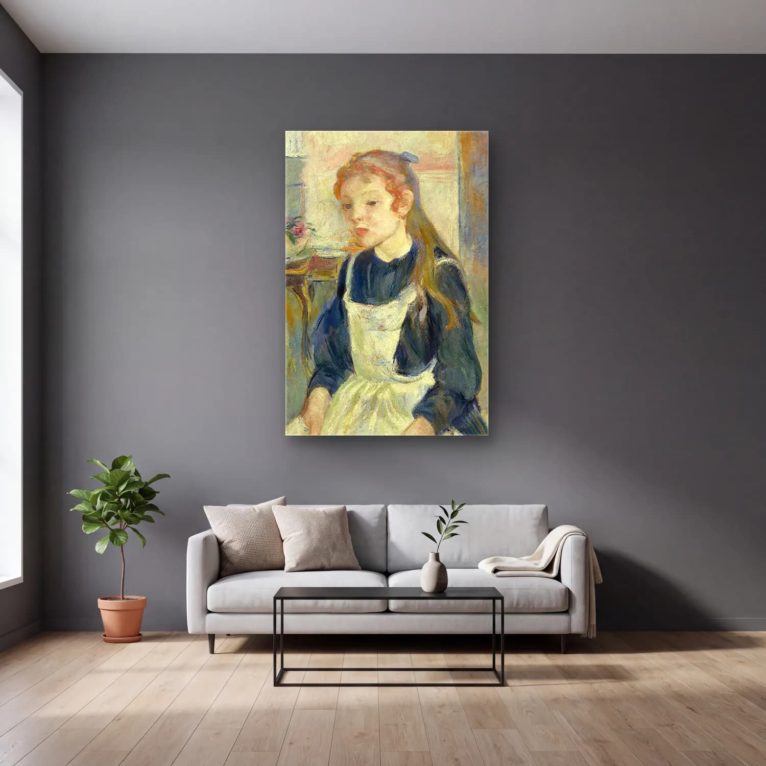 Berthe Morisot – Young Girl with an Apron cam tablo — gri duvarlı salonda