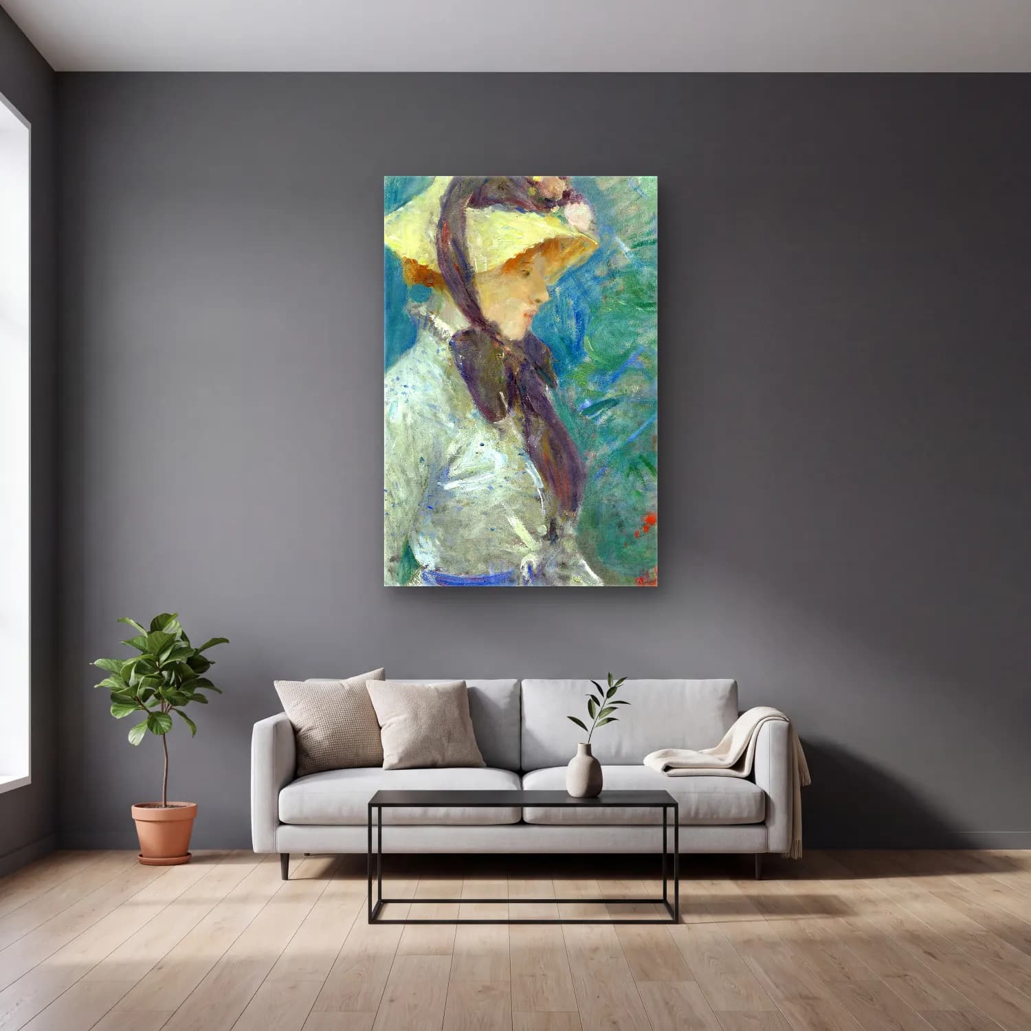 Berthe Morisot – Young Woman with a Straw Hat cam tablo — gri duvarlı salonda