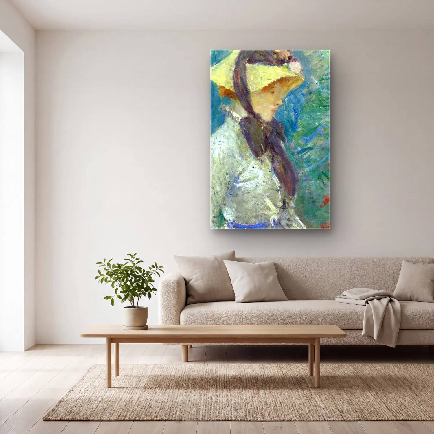 Berthe Morisot – Young Woman with a Straw Hat cam tablo — açık renk salonda