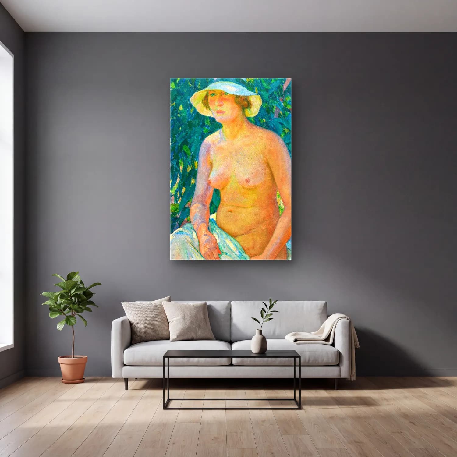 Theo van Rysselberghe – Nude with Panama cam tablo — gri duvarlı salonda