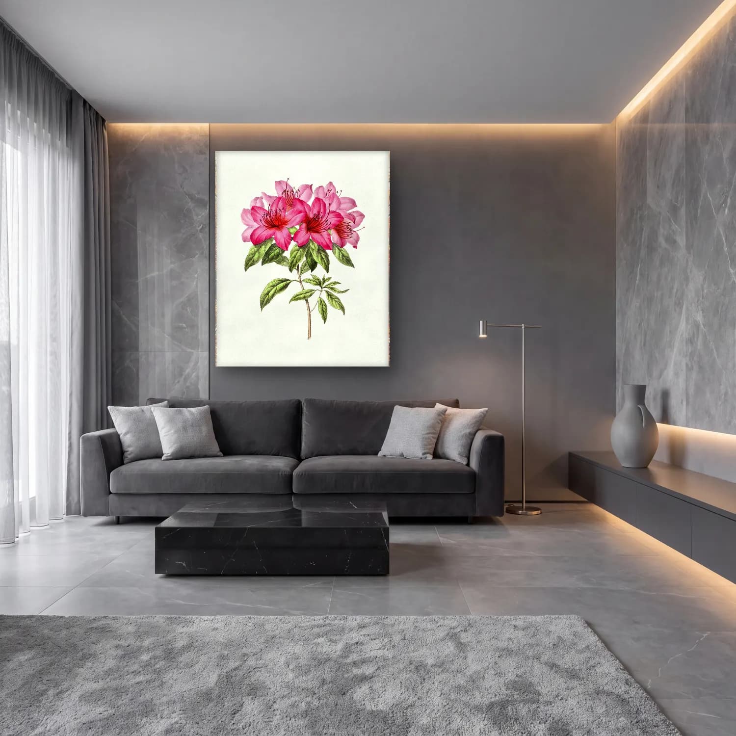 Botanik İllüstrasyon Pembe Şakayıklar No. 12 cam tablo — lüks salon duvarında