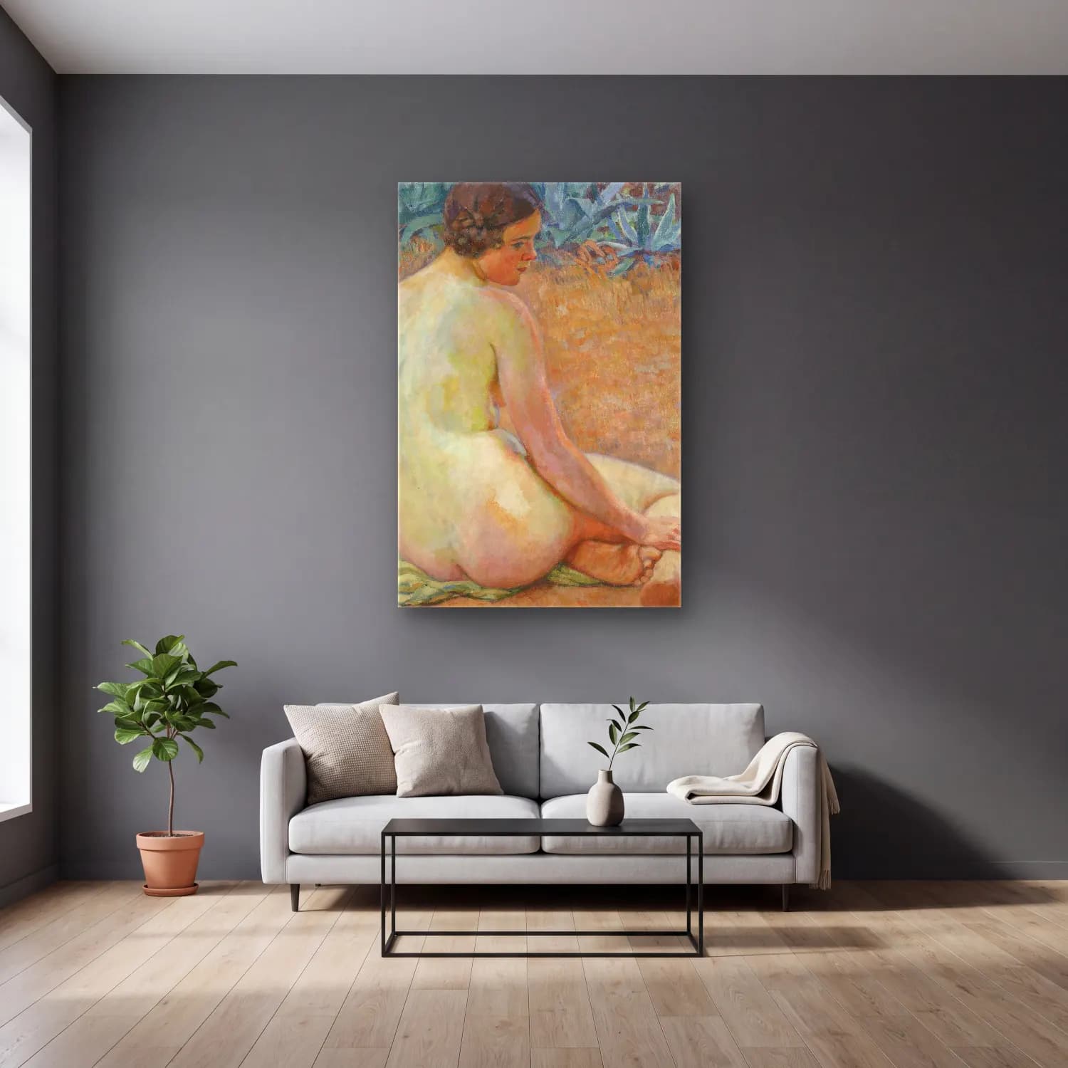 Theo van Rysselberghe – Nude with agave (Nu aux agave) cam tablo — gri duvarlı salonda
