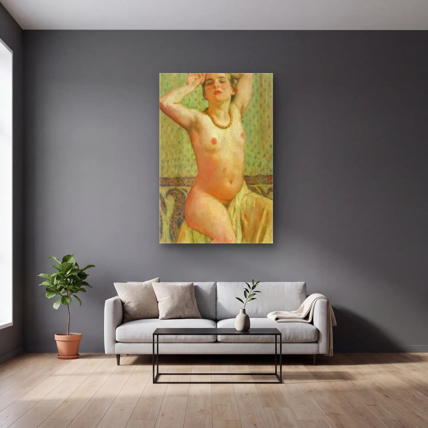 Theo van Rysselberghe – Paquita au collier cam tablo — gri duvarlı salonda