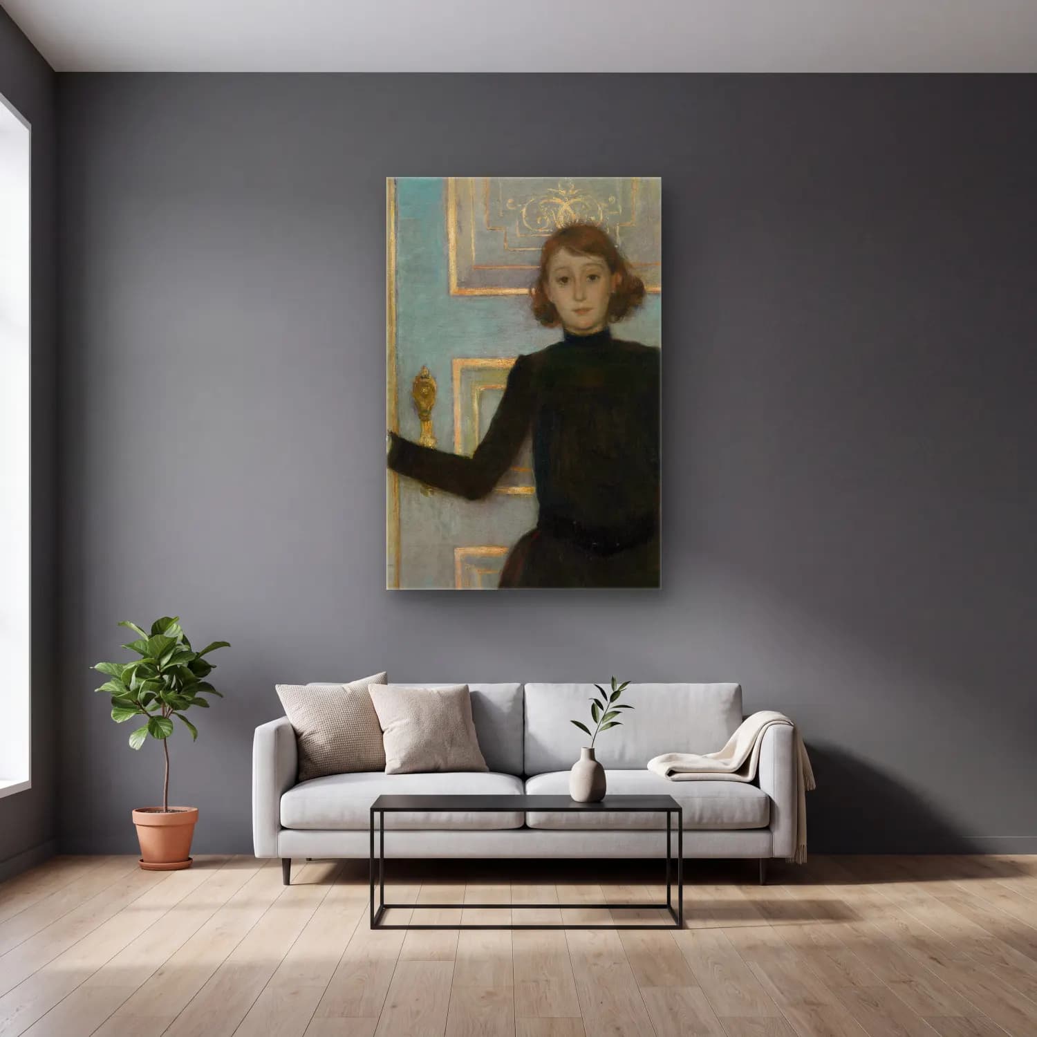 Theo van Rysselberghe – Portrait of Marguerite van Mons cam tablo — gri duvarlı salonda
