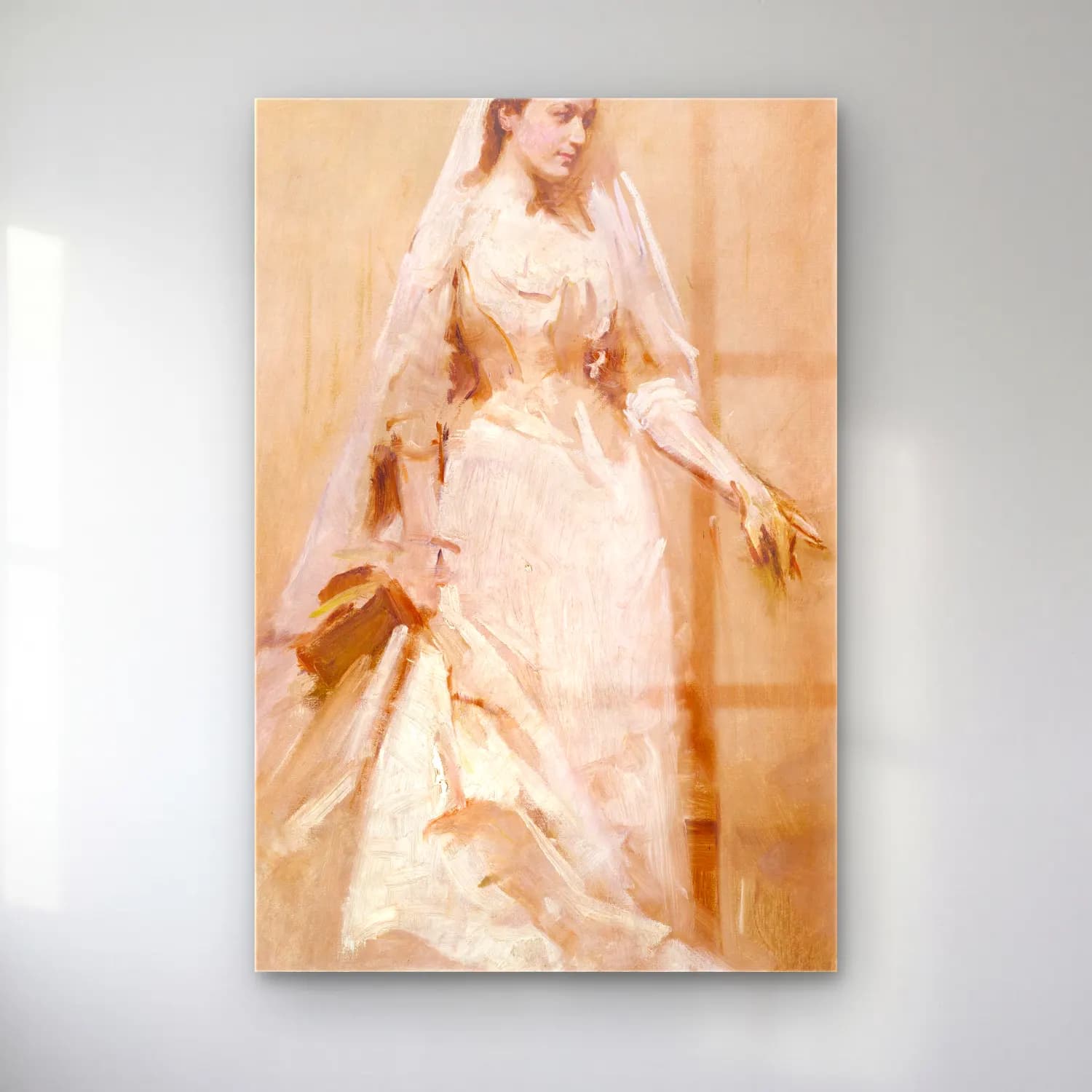 Abbott Handerson Thayer – A Bride (ca. 1895) cam tablo — Abbott Handerson Thayer – A Bride (ca. 1895) — empresyonist elbiseli kadın