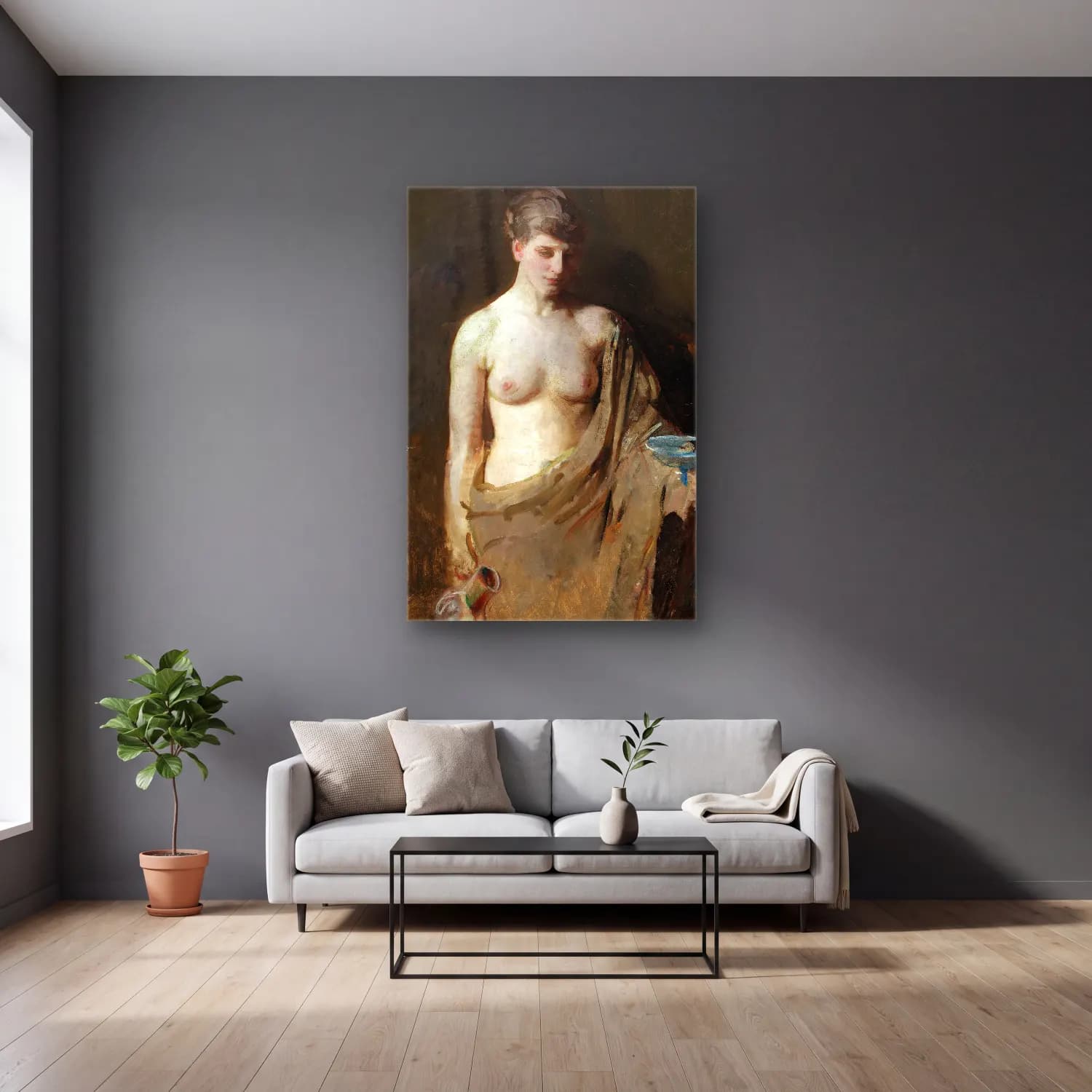 Abbott Handerson Thayer – Hebe (C. 1890) cam tablo — gri duvarlı salonda
