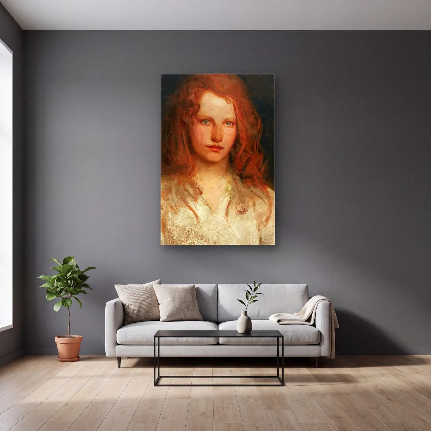 Abbott Handerson Thayer – Margaret McKittrick cam tablo — gri duvarlı salonda