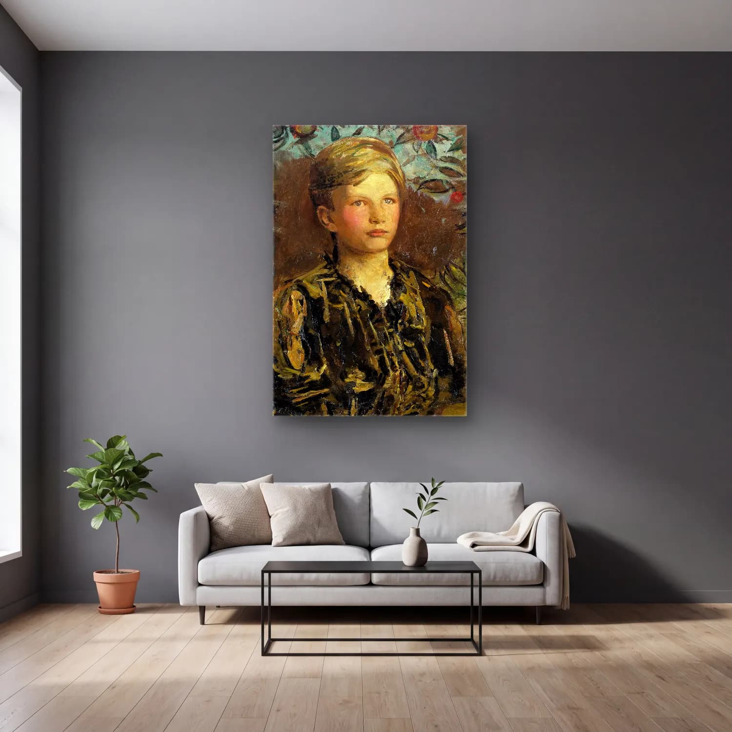Abbott Handerson Thayer – Townsend Bradley Martin cam tablo — gri duvarlı salonda