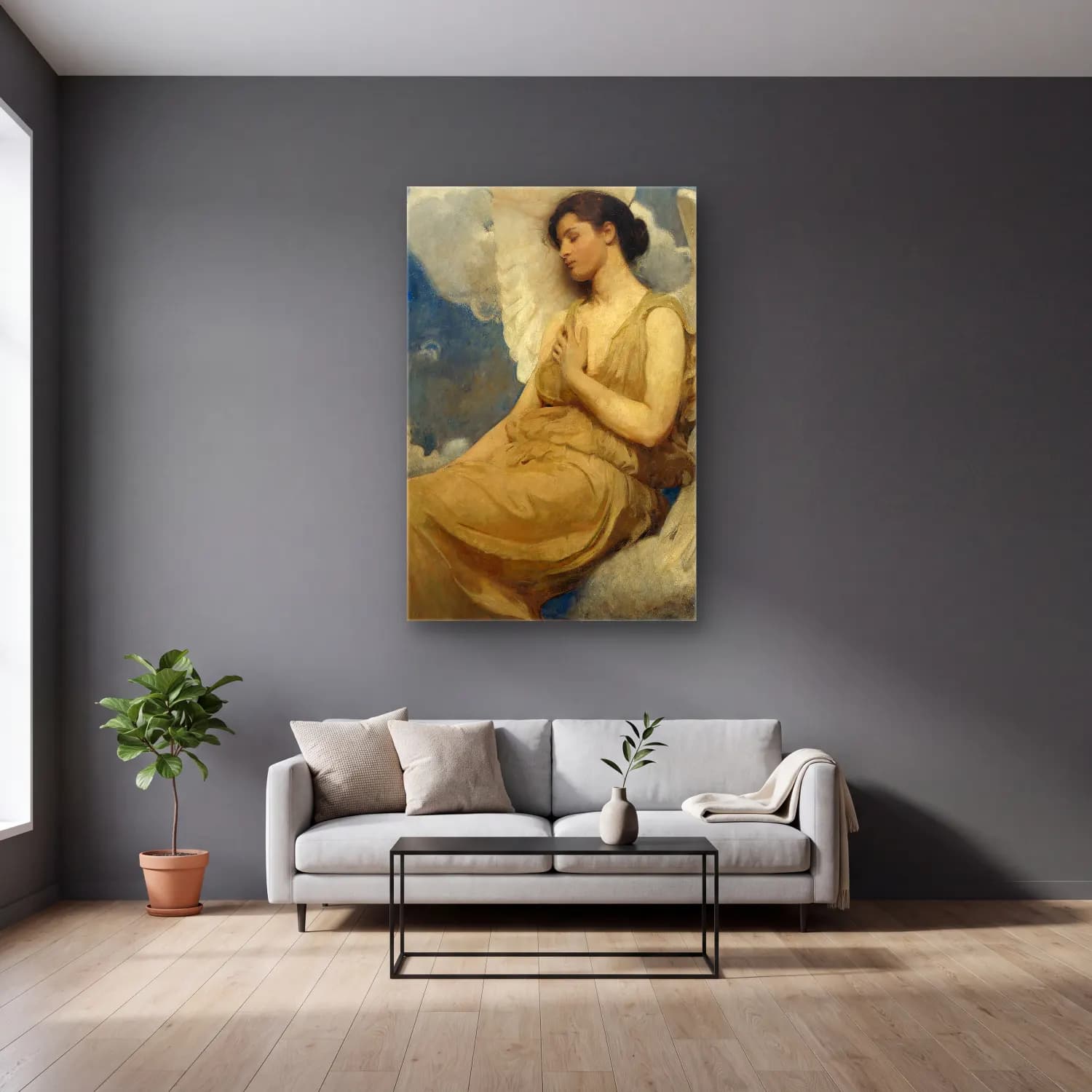 Abbott Handerson Thayer – Winged Figure cam tablo — gri duvarlı salonda