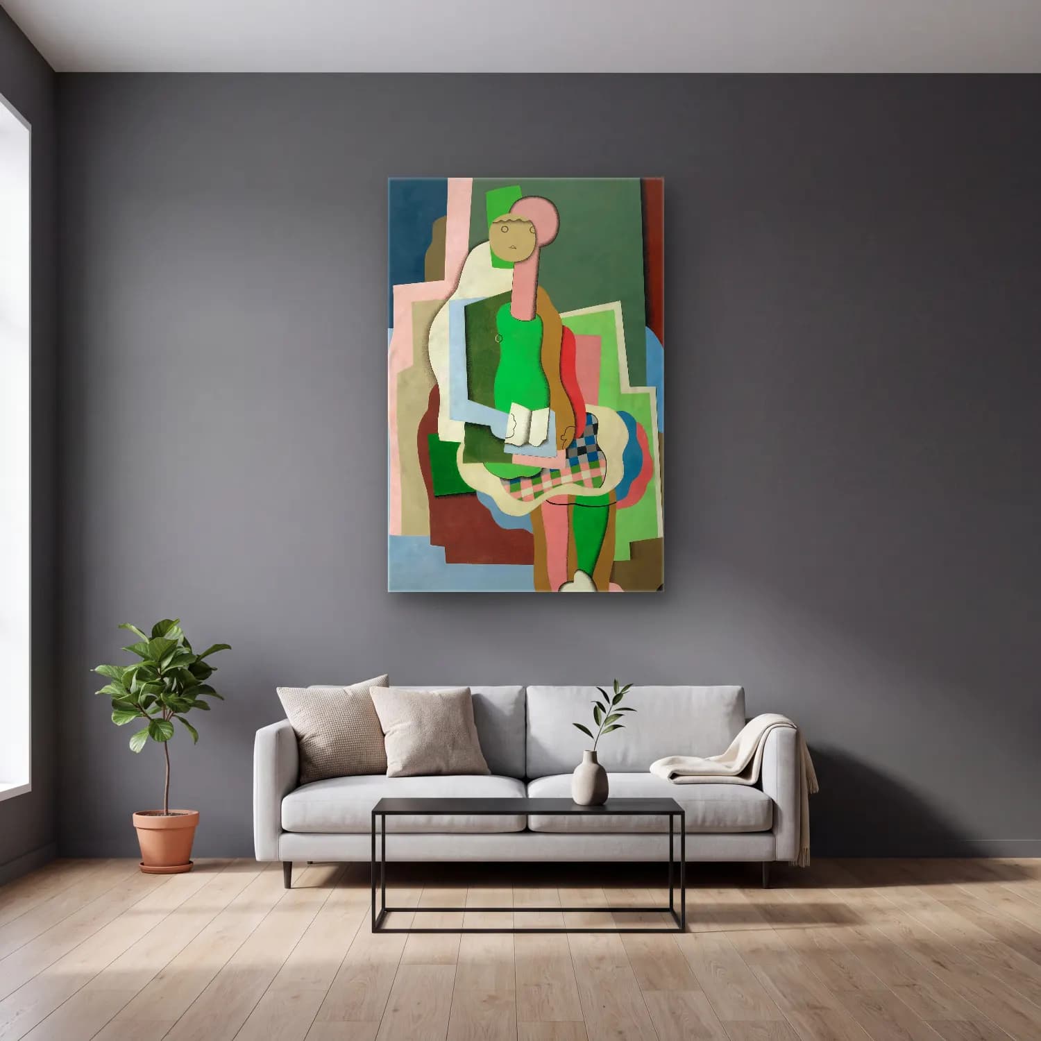 Georges Valmier – Jeune fille assise (Portrait de la fille de l’artiste) – Yeşil Tonlar cam tablo — gri duvarlı salonda
