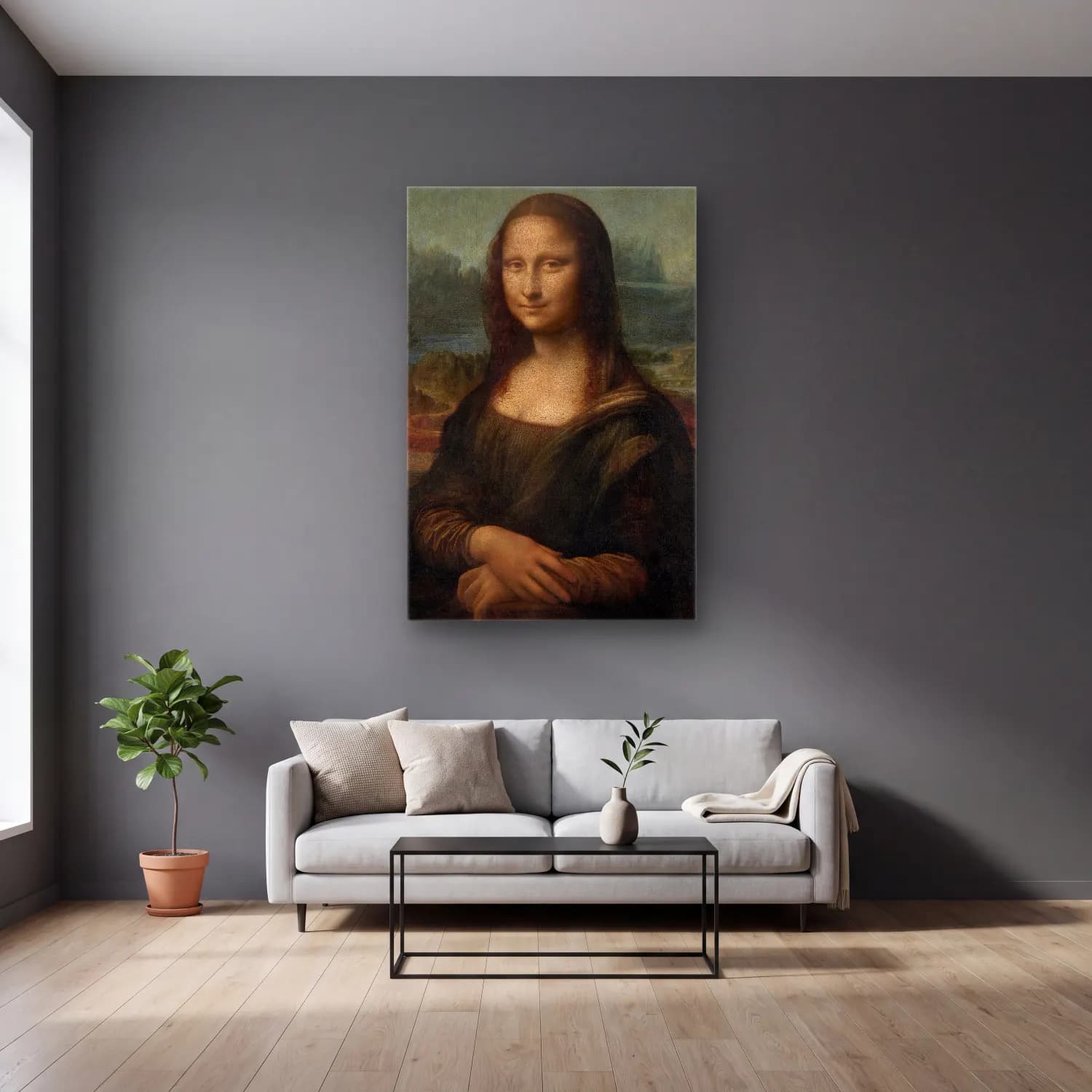 Leonardo da Vinci – Kadın Portresi – Kırmızı Tonlar cam tablo — gri duvarlı salonda