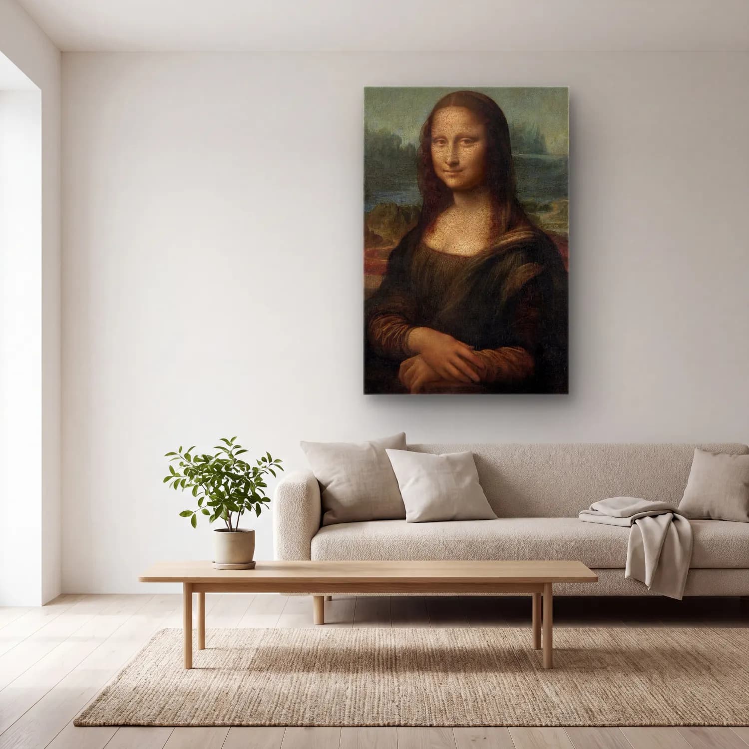 Leonardo da Vinci – Kadın Portresi – Kırmızı Tonlar cam tablo — açık renk salonda
