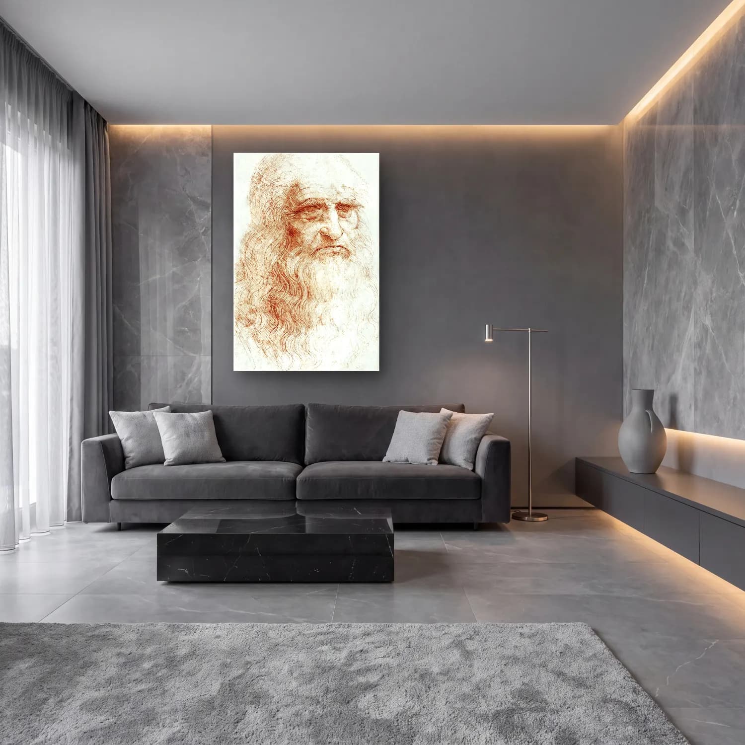 Leonardo da Vinci – Erkek Portresi – Kırmızı Tonlar cam tablo — lüks salon duvarında