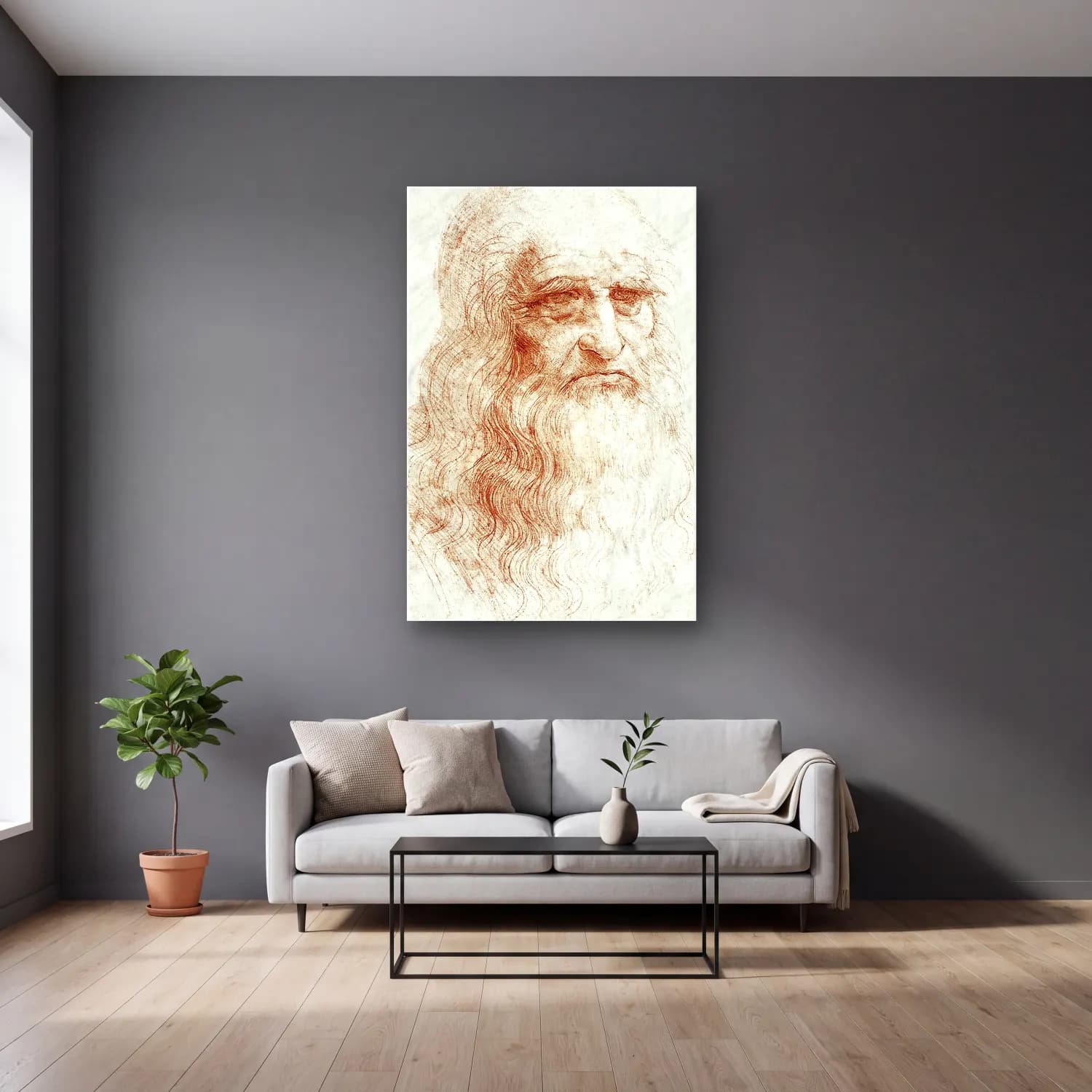Leonardo da Vinci – Erkek Portresi – Kırmızı Tonlar cam tablo — gri duvarlı salonda