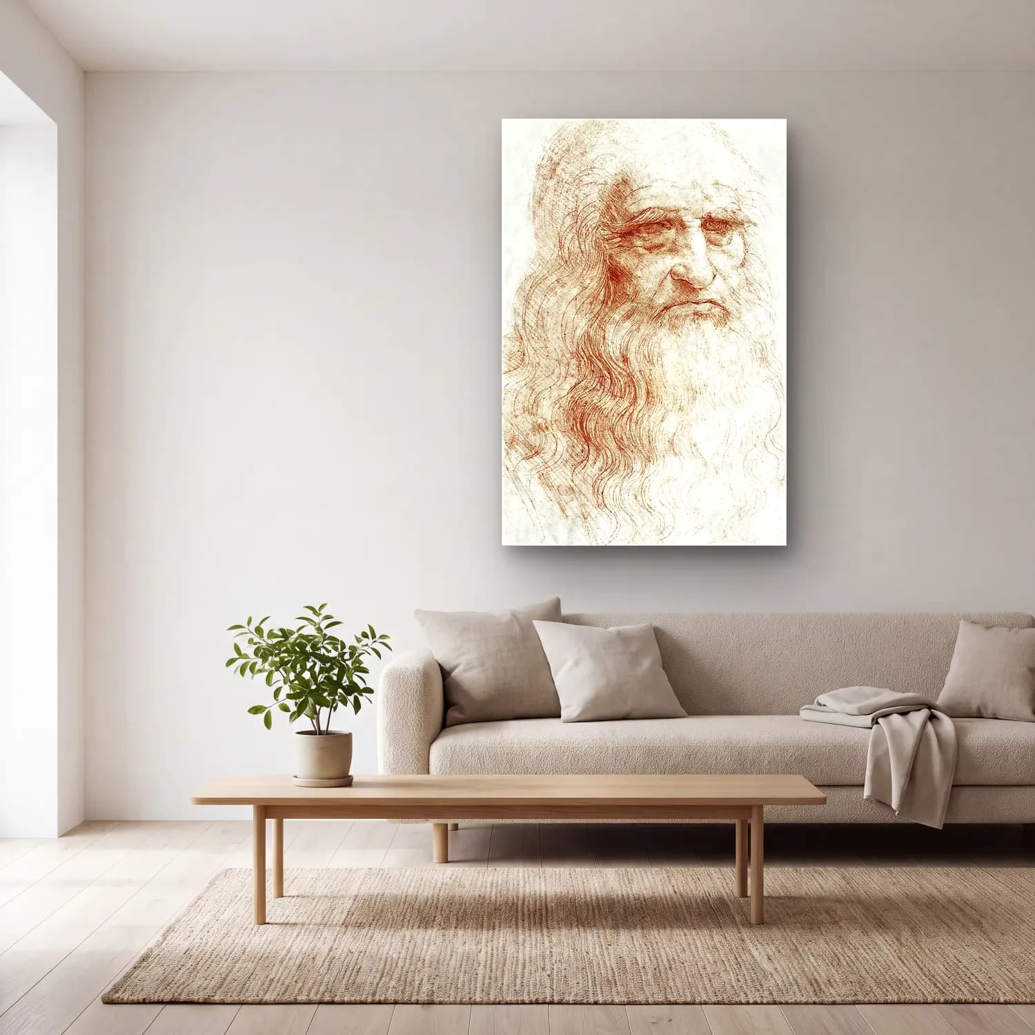 Leonardo da Vinci – Erkek Portresi – Kırmızı Tonlar cam tablo — açık renk salonda