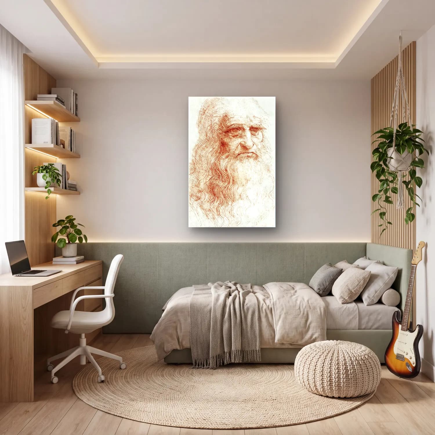 Leonardo da Vinci – Erkek Portresi – Kırmızı Tonlar cam tablo — genç odasında