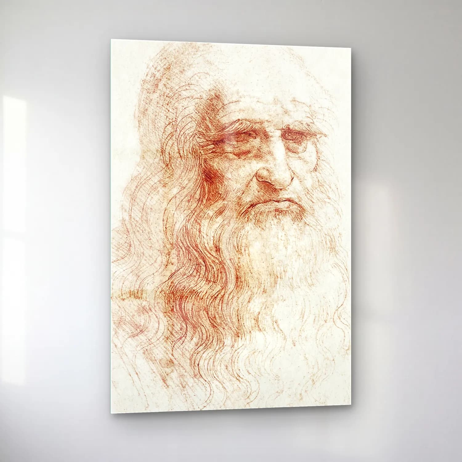 Leonardo da Vinci – Erkek Portresi – Kırmızı Tonlar cam tablo — sol açıdan görünüm