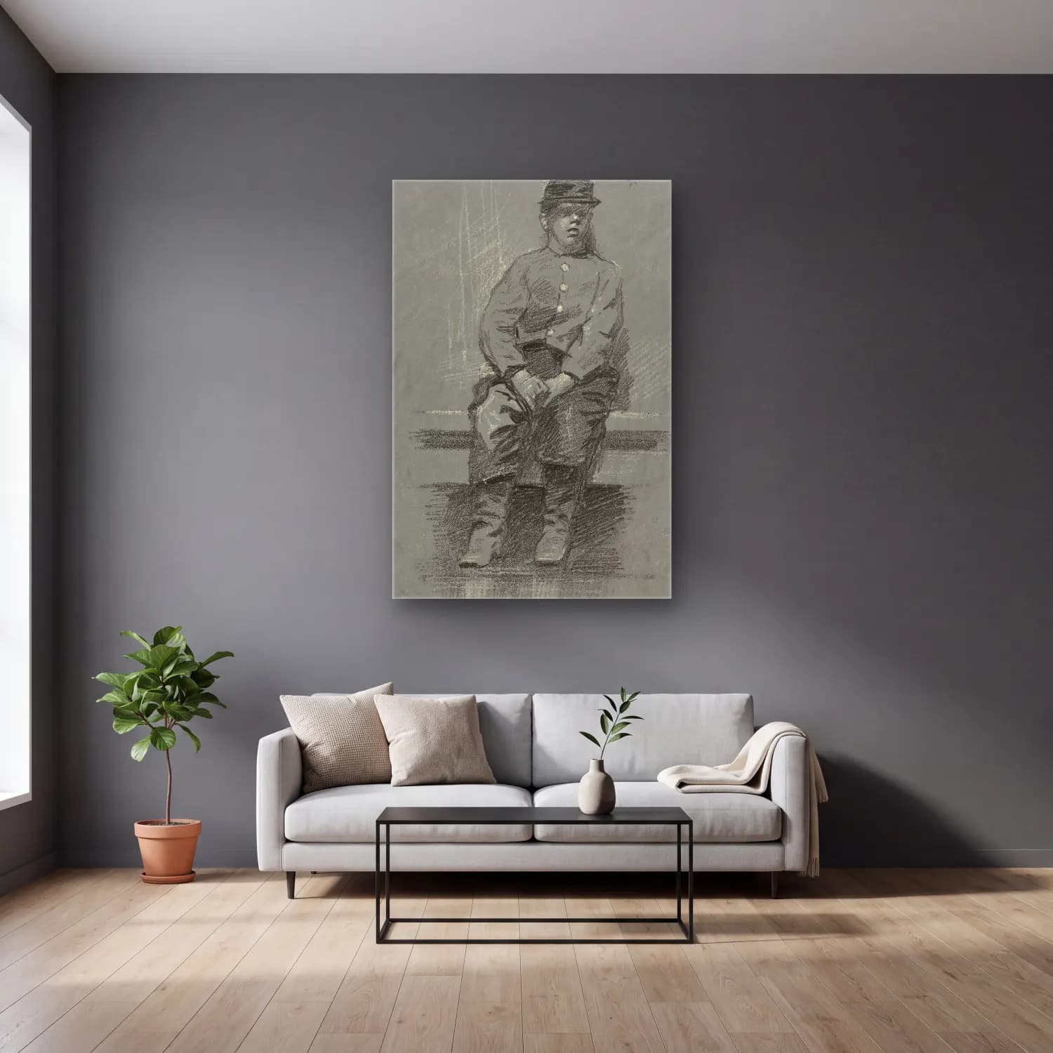 Robert William Vonnoh – The Cadet (late 19th century) – Pastel Tonlar cam tablo — gri duvarlı salonda